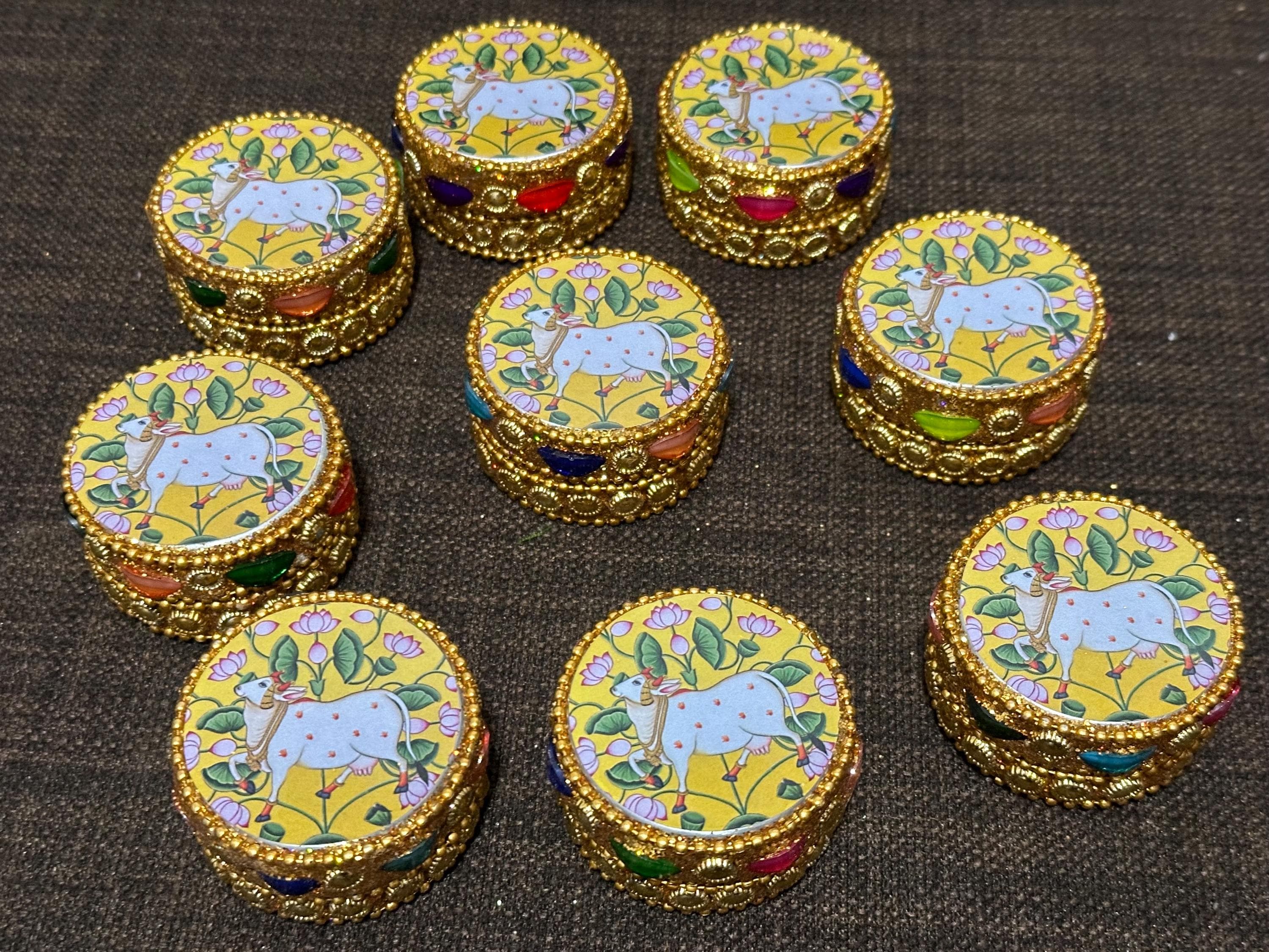 Round Pichwai Kumkum Haldi Holder Pack Of 10|  Indian Return Gift | Ethnic Thamboolam Favor | Festive Pooja Decor | Housewarming Gift Idea