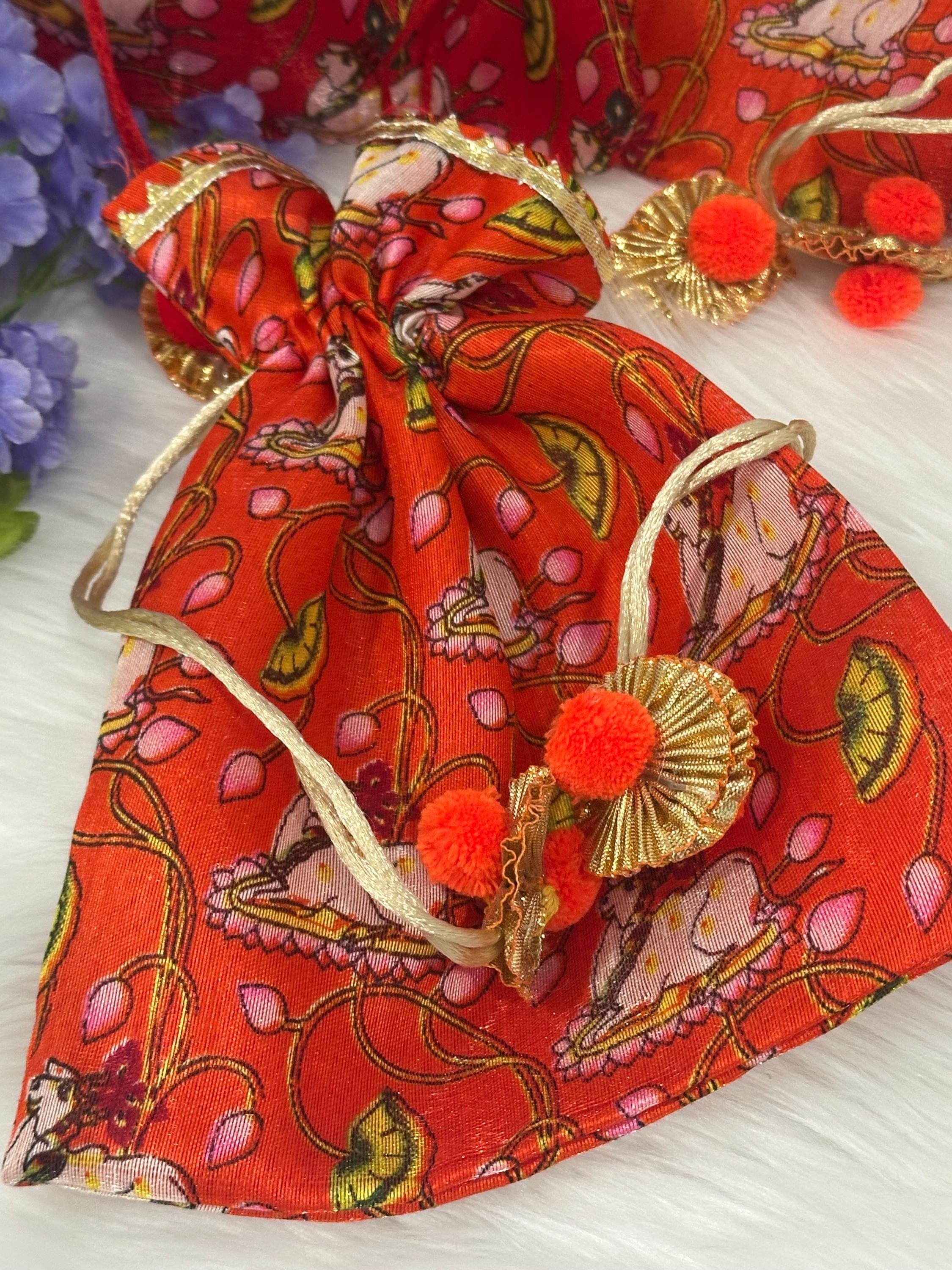 Pichwai Design Potli Bags | Pack of 5 Festive Wedding Thamboolam Bags