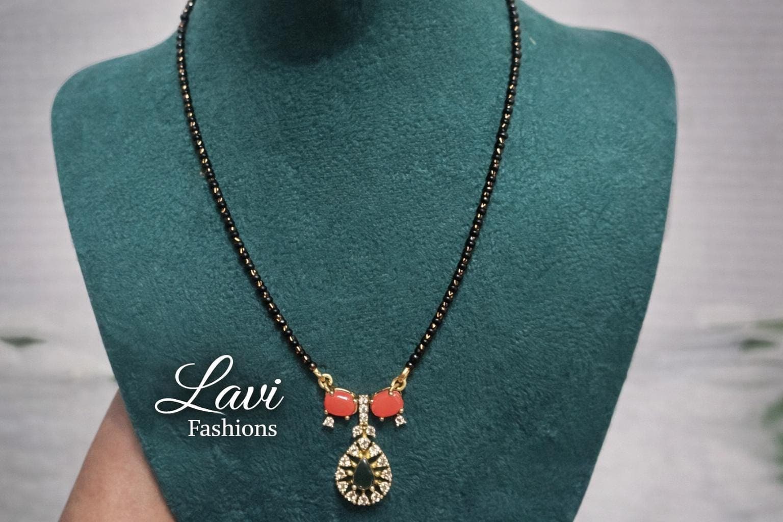 Black Bead Mangalsutra with Coral and Green Stones | Traditional Hindu Necklace
