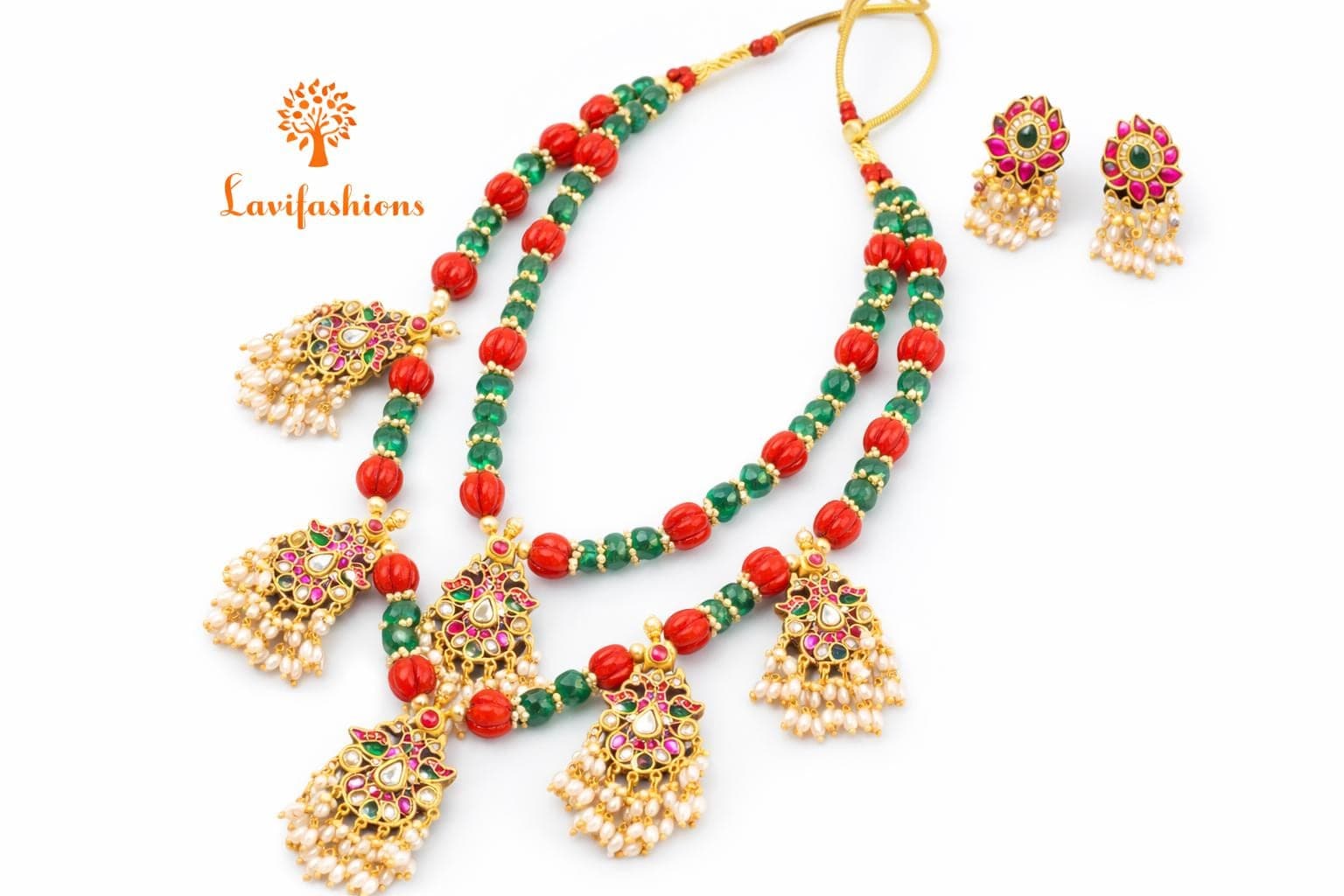 Indian Jewelry Set, Red Green Beaded Necklace, Gold Plated Earrings, Bollywood Jewelry