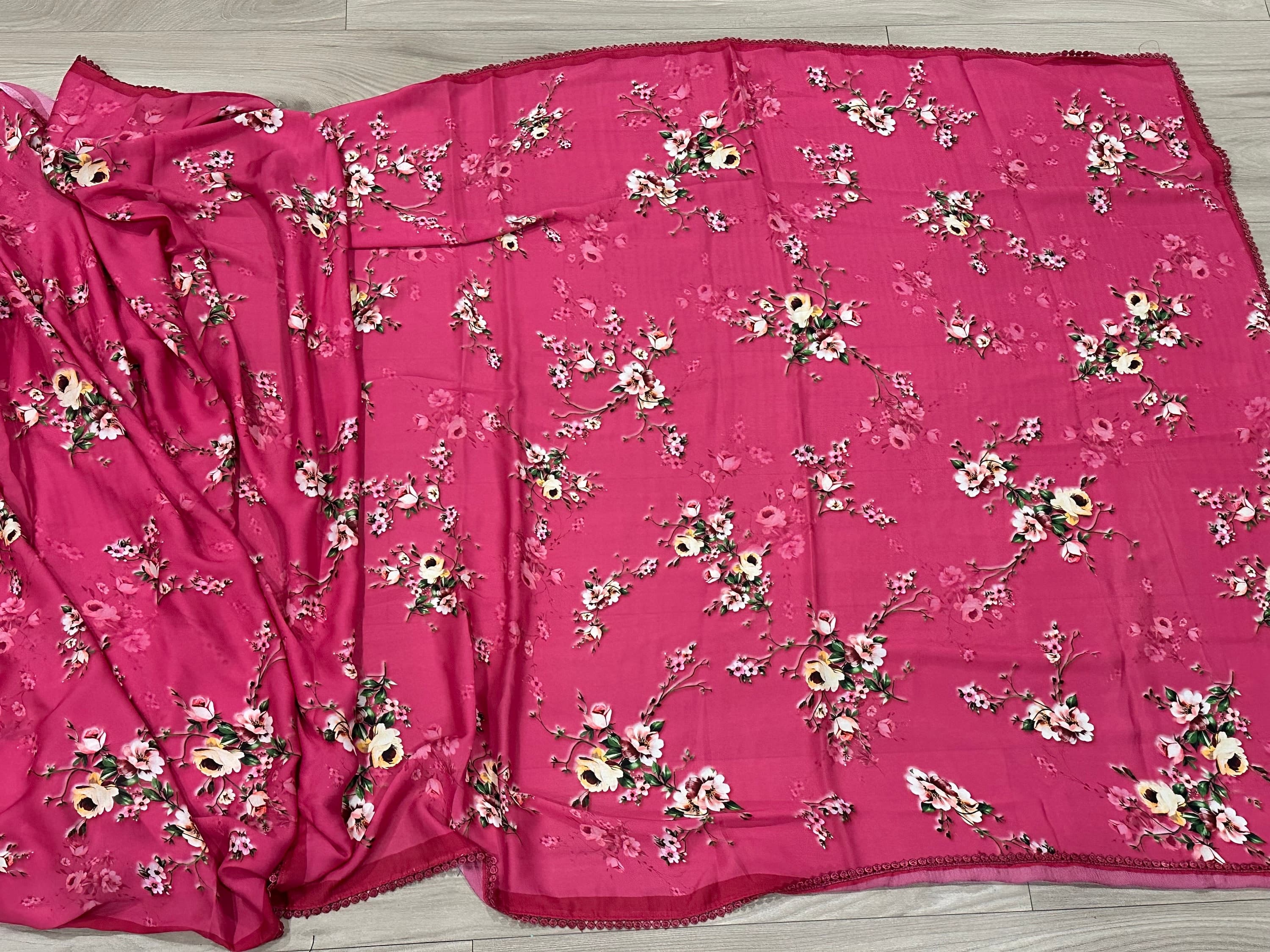 Pure Crepe Floral Printed Pink Saree With Stitched blouse