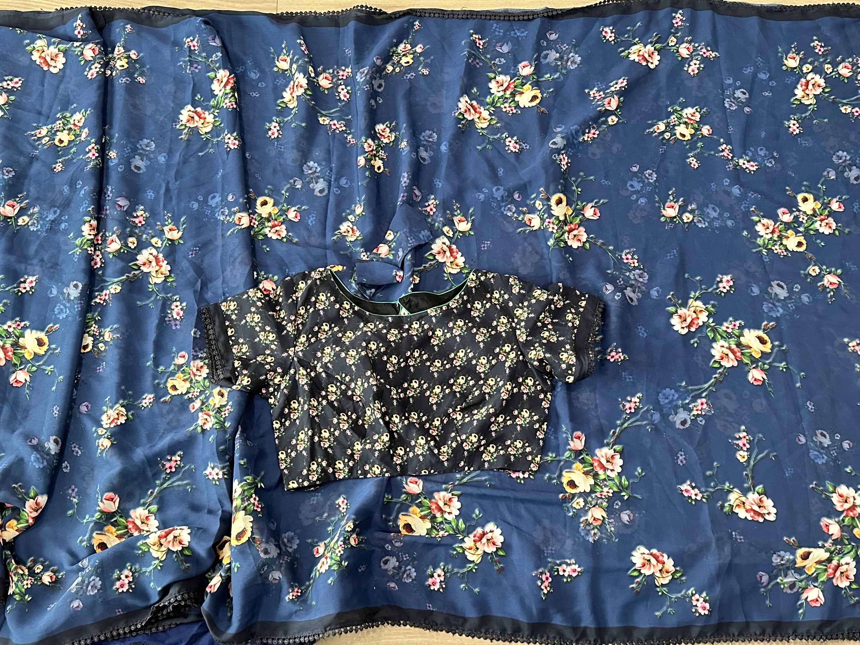 Pure Crepe Floral Printed Blue Saree With Stitched Blouse