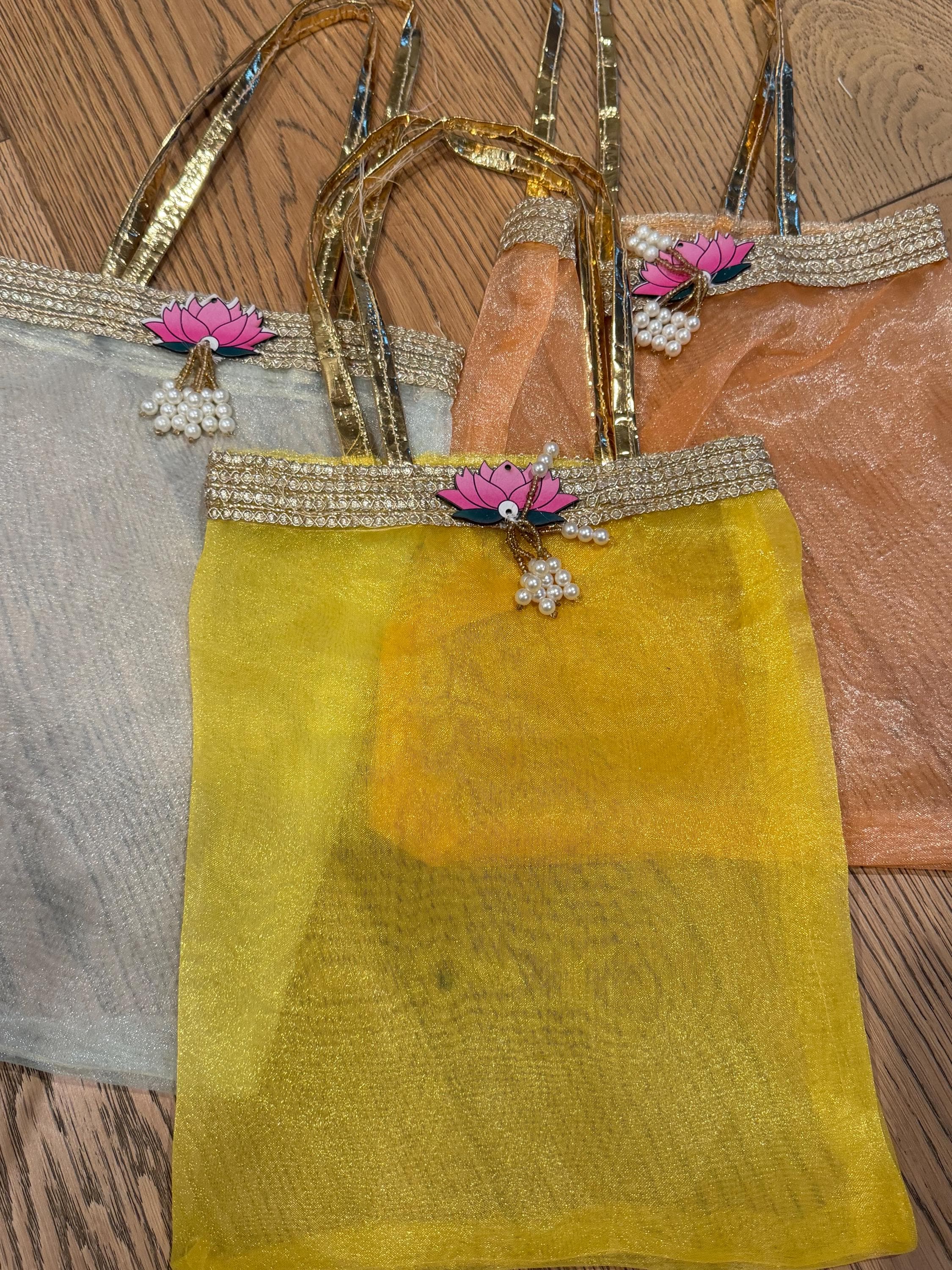 Organza Gift Bags with Lotus Charm | Indian Return Gifts | Wedding Favor Bags | Lavi Fashions