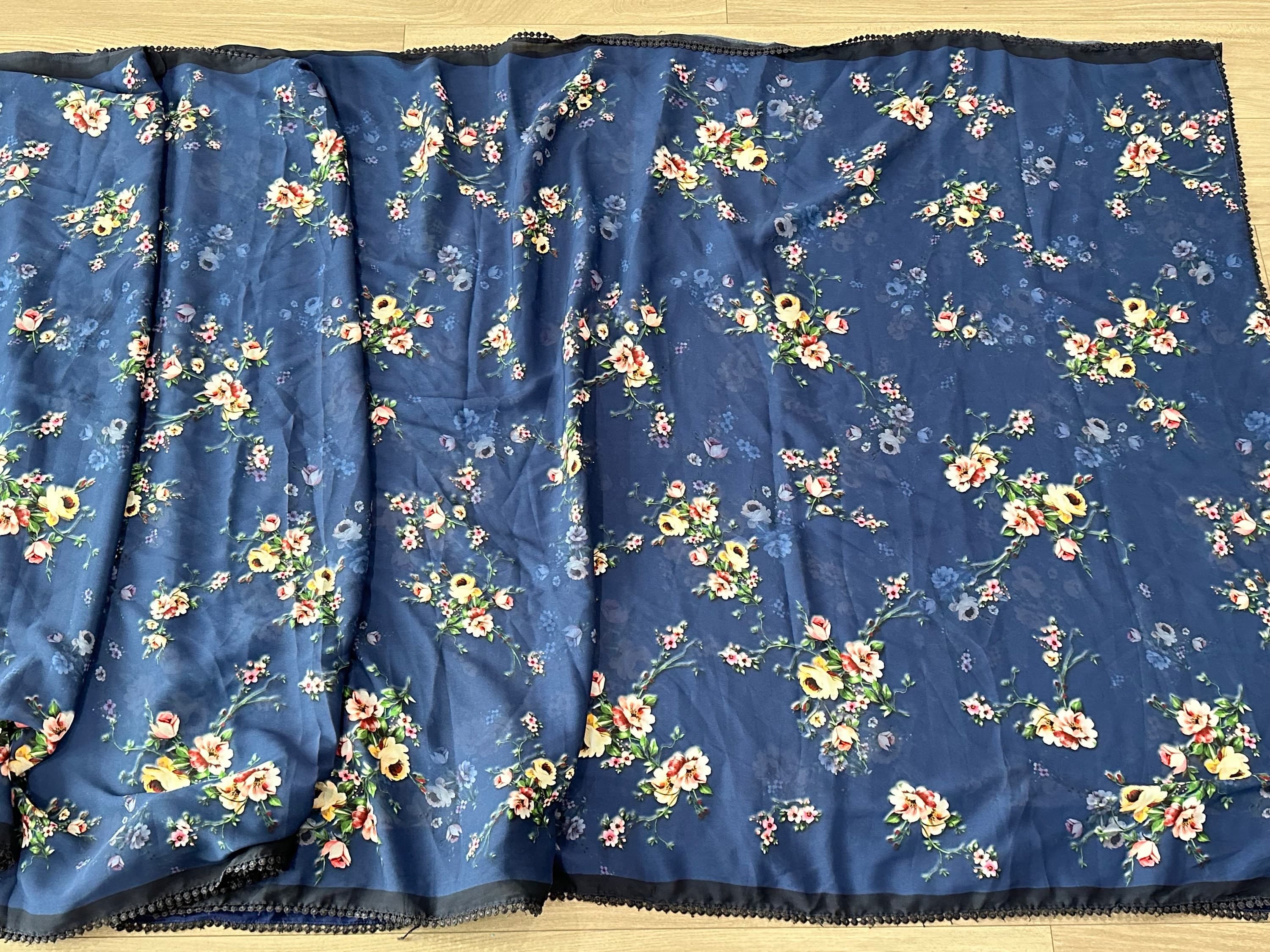Pure Crepe Floral Printed Blue Saree With Stitched Blouse