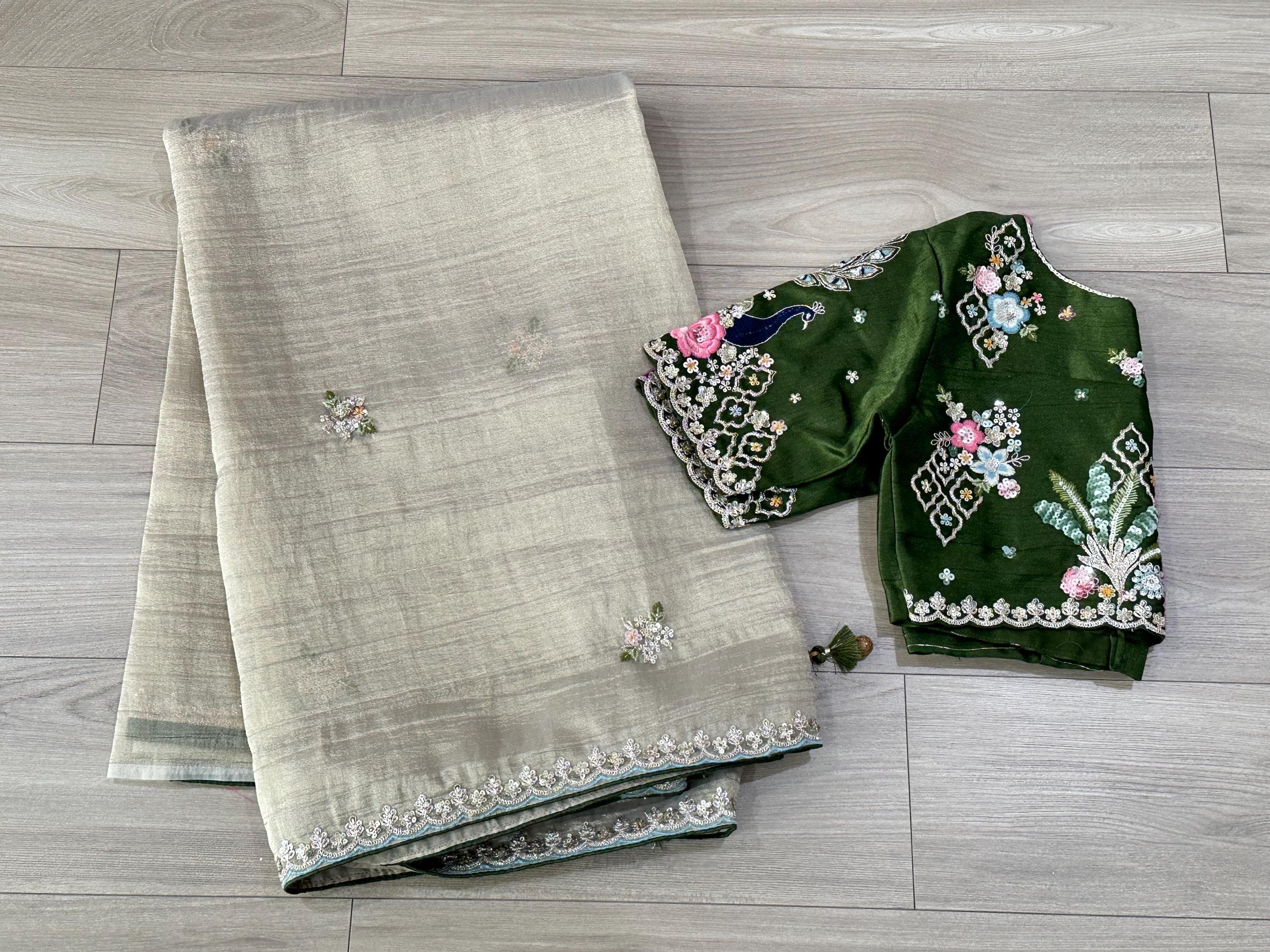Tissue Saree with Coding Work Motifs and Scalloped Border | Party Wear Saree