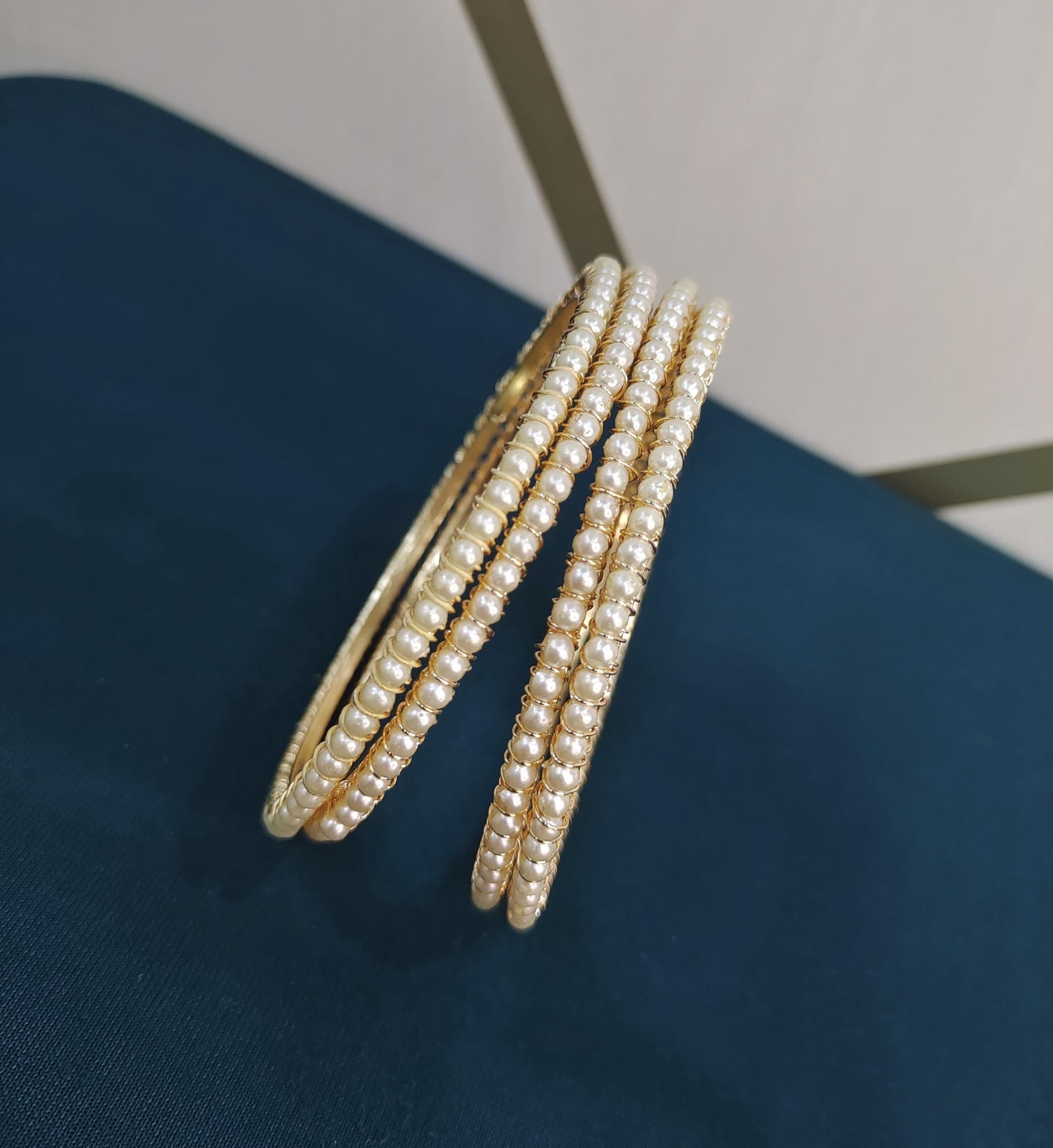 Gold Finished Shell Pearl Bangles Set (4 Pieces) – Indian Saree Jewelry