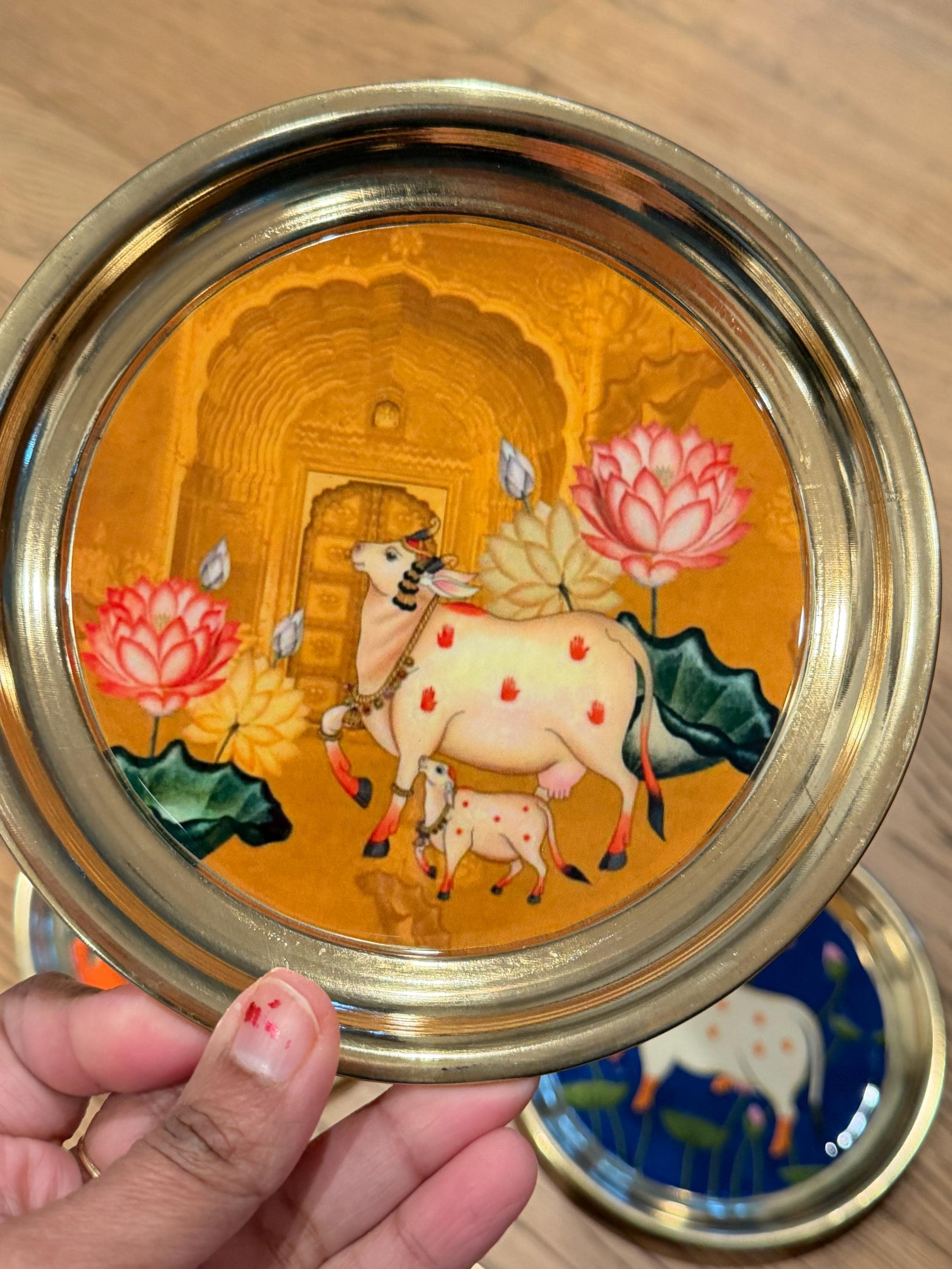 Brass Pooja Thali | Pichwai Cow Design Puja Plate | Indian Wedding Return Gift | Diwali Decor | Hindu Temple Plate