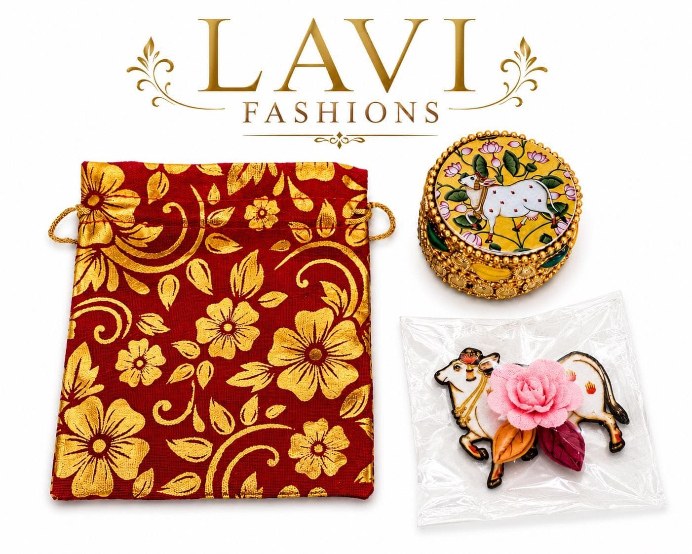Pichwai Cow Return Gift Set USA | Haldi Kumkum + Potli Bag | Indian Wedding Thamboolam Favor Bulk