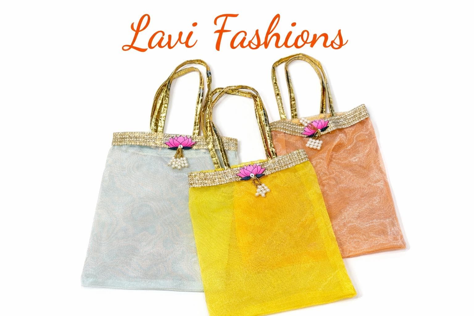 Organza Gift Bags with Lotus Charm | Indian Return Gifts | Wedding Favor Bags | Lavi Fashions