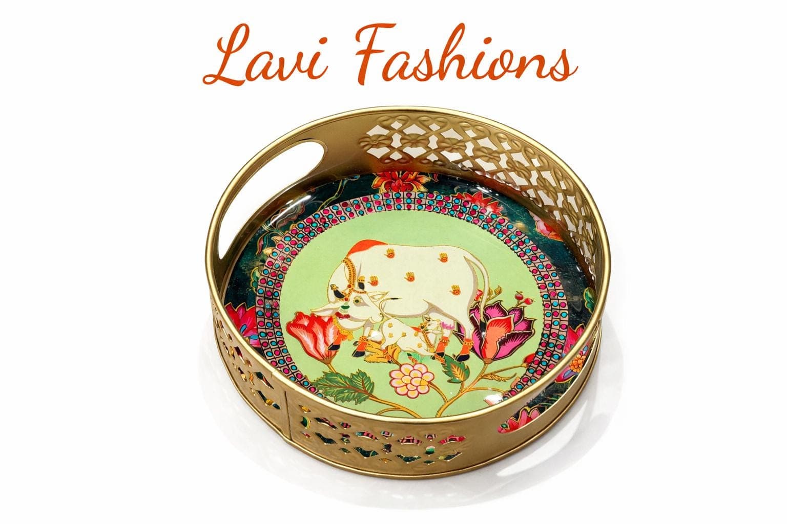 Pichwai Cow Print Metal Tray | Indian Decorative Home Decor, Wedding Return Gift (6 Inch)