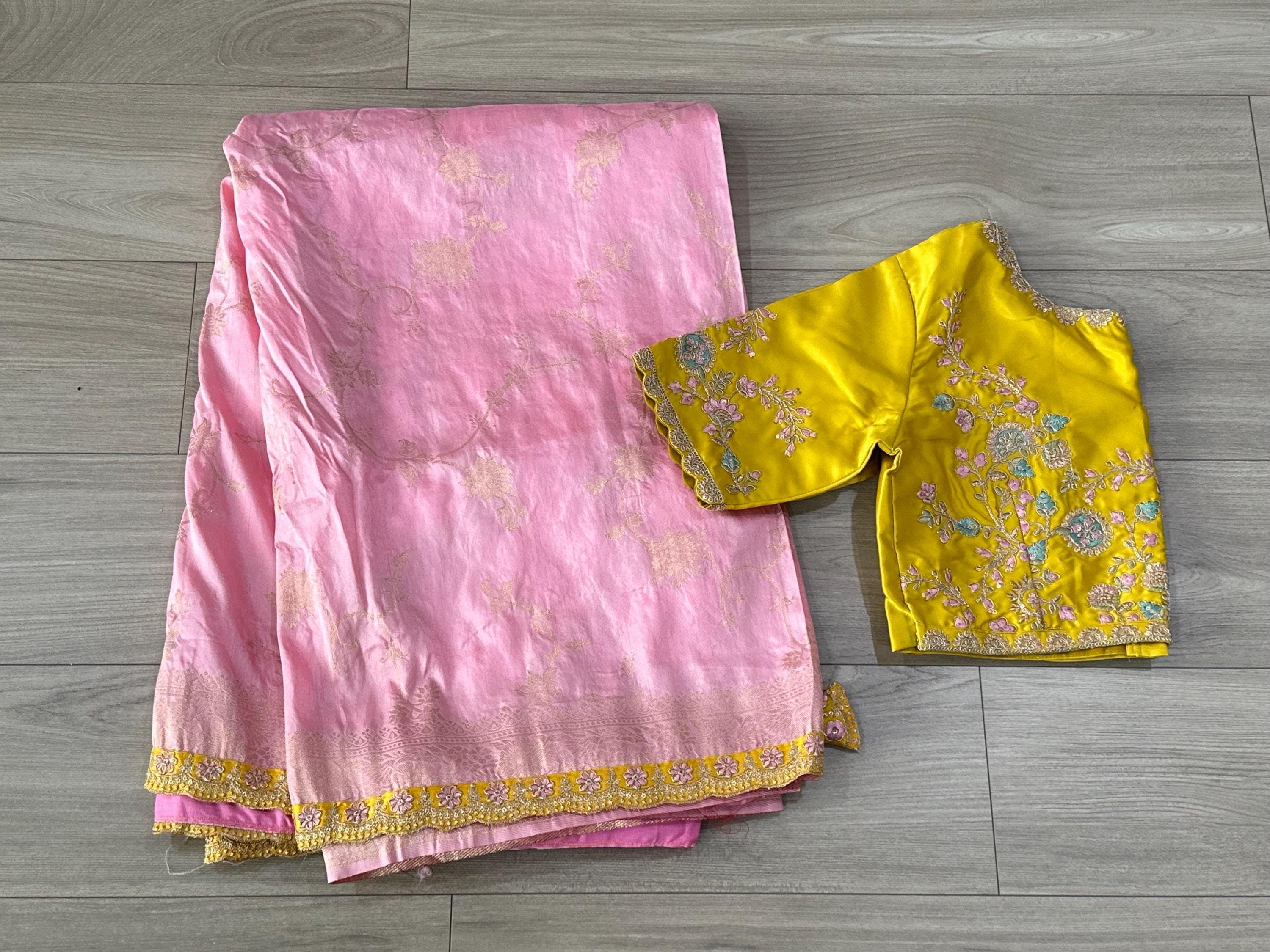 Banarasi Silk Saree with All Over Weaving | Scalloped Embroidery Border, Stitched Blouse