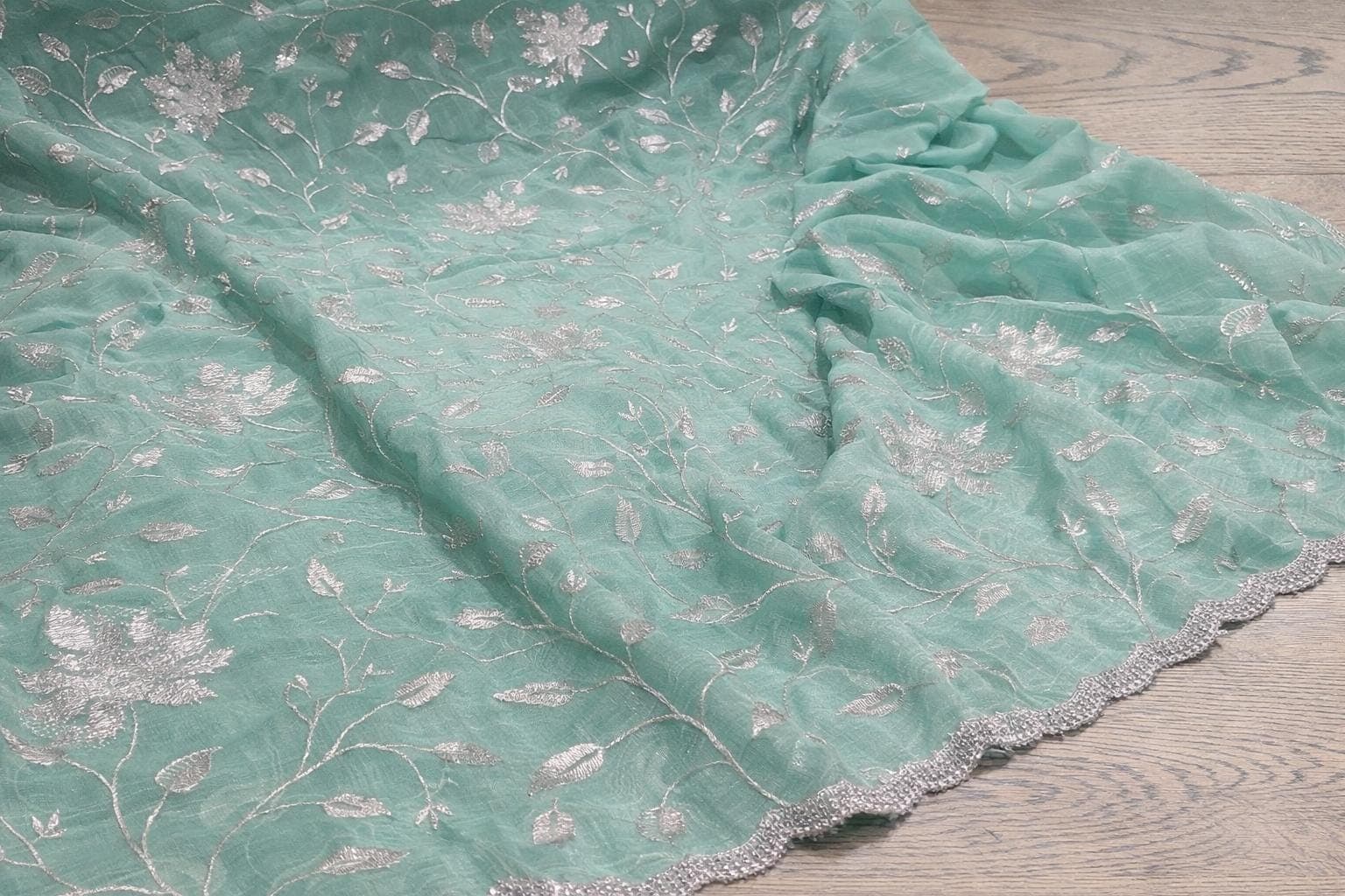 Mint Green Designer Saree with Silver Zari Floral Embroidery | Party Wear Saree
