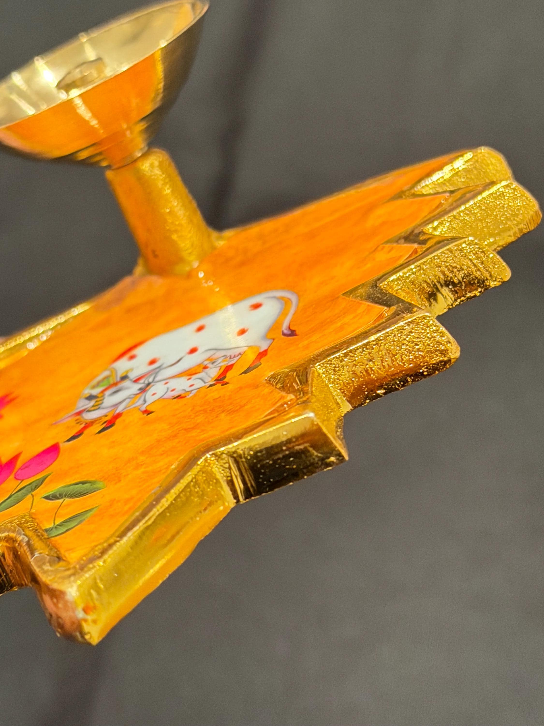 Pichwai Hand Painted Brass Diya – Cow Lotus Pooja Decor, Indian Diwali Gift