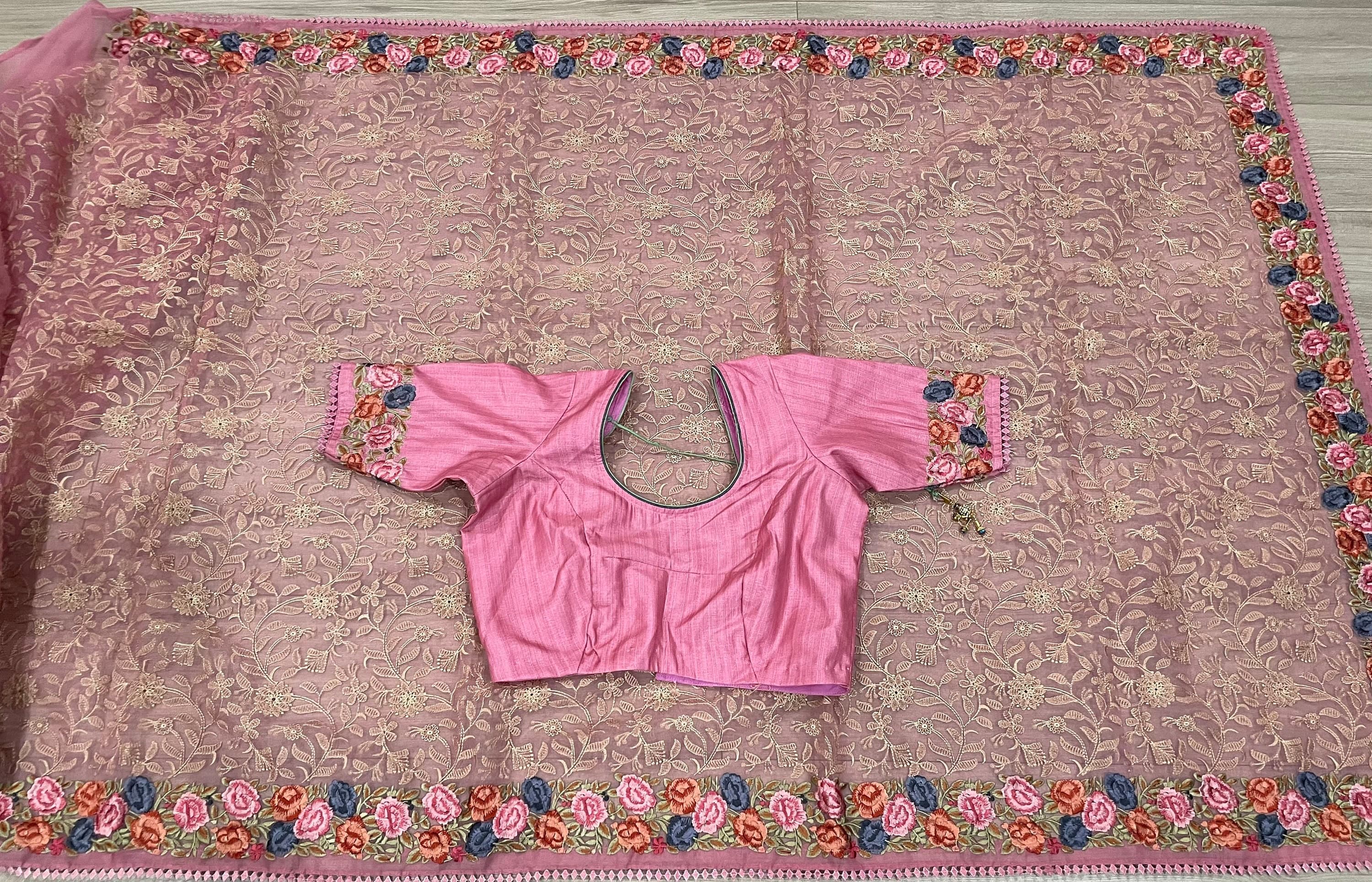 Organza Chikankari Parsi Embroidery Work Saree With Stitched Blouse