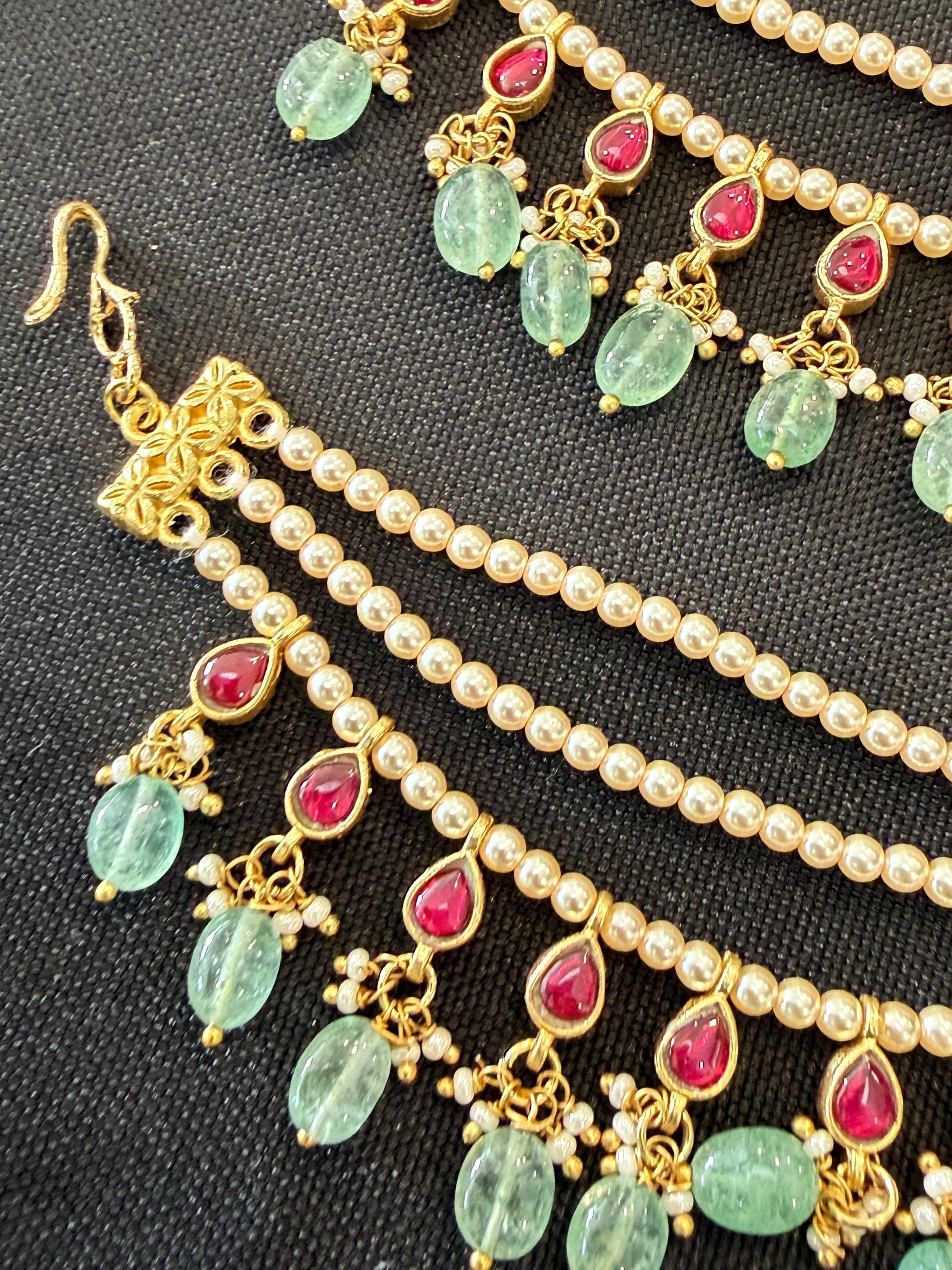 Jadau Kundan Ear Chain | Swarovski Pearl, Ruby, Green Stone | South Indian Bridal Jewelry