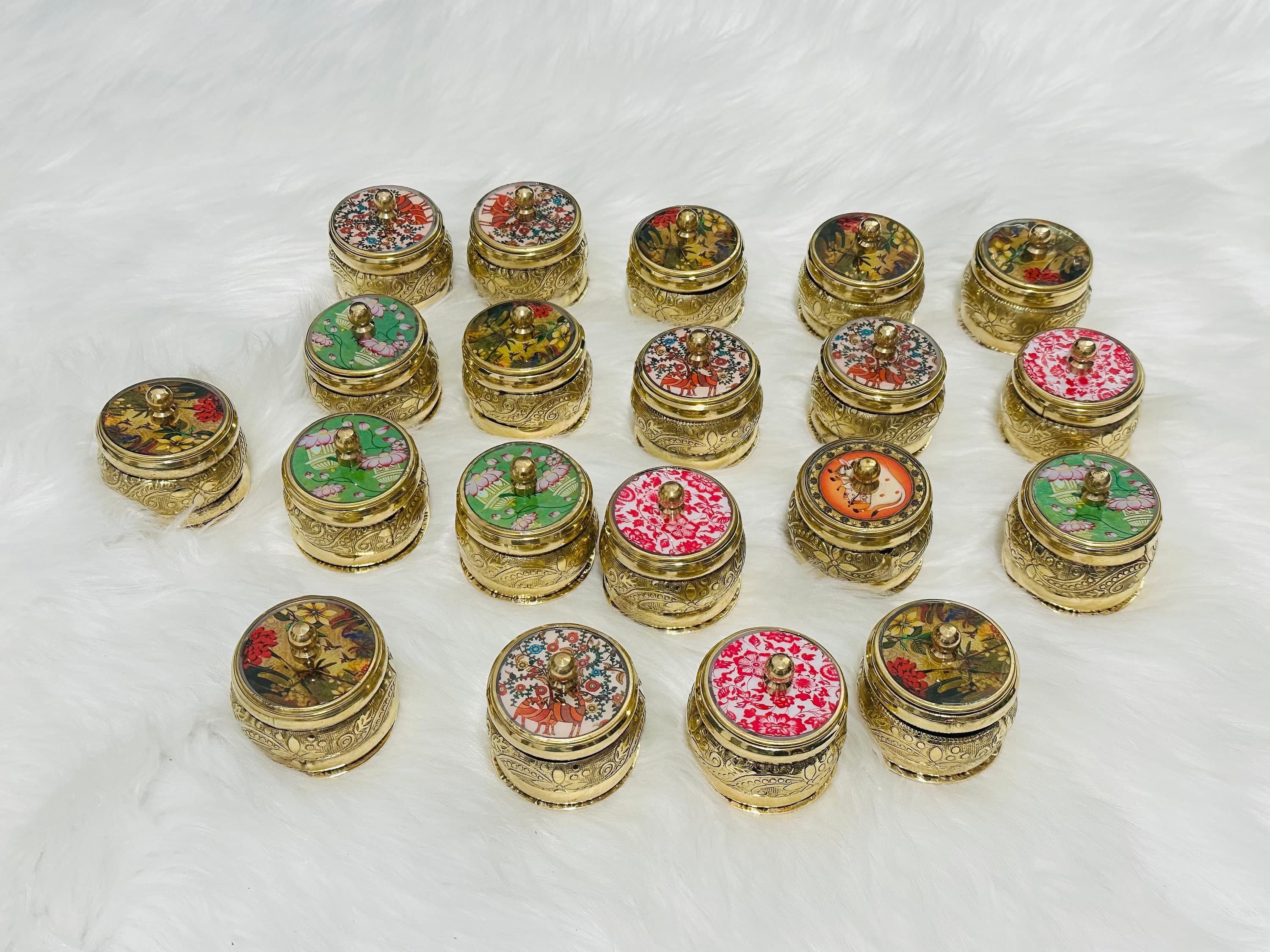 Brass Kumkum Dibbi Set | Traditional Indian Baby Shower Pooja Gifts (Pack of 10)