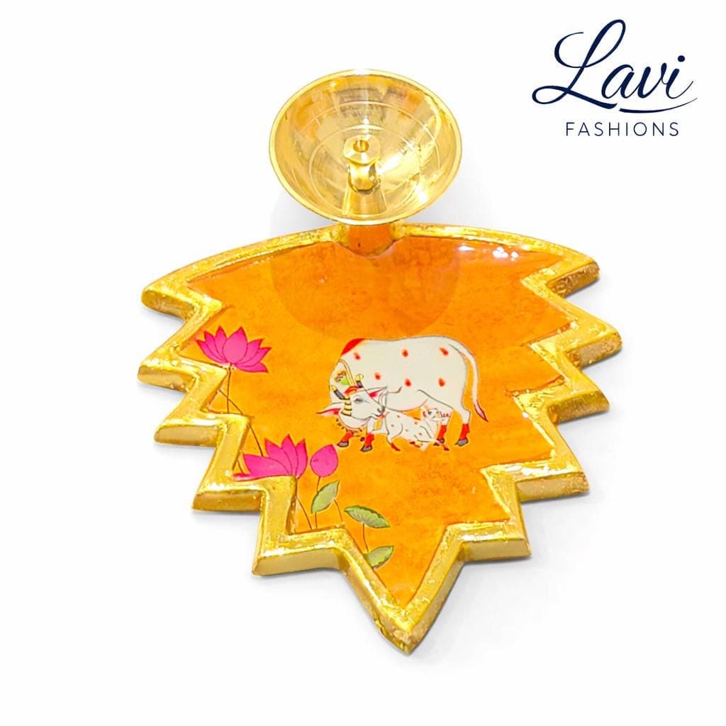 Pichwai Hand Painted Brass Diya – Cow Lotus Pooja Decor, Indian Diwali Gift