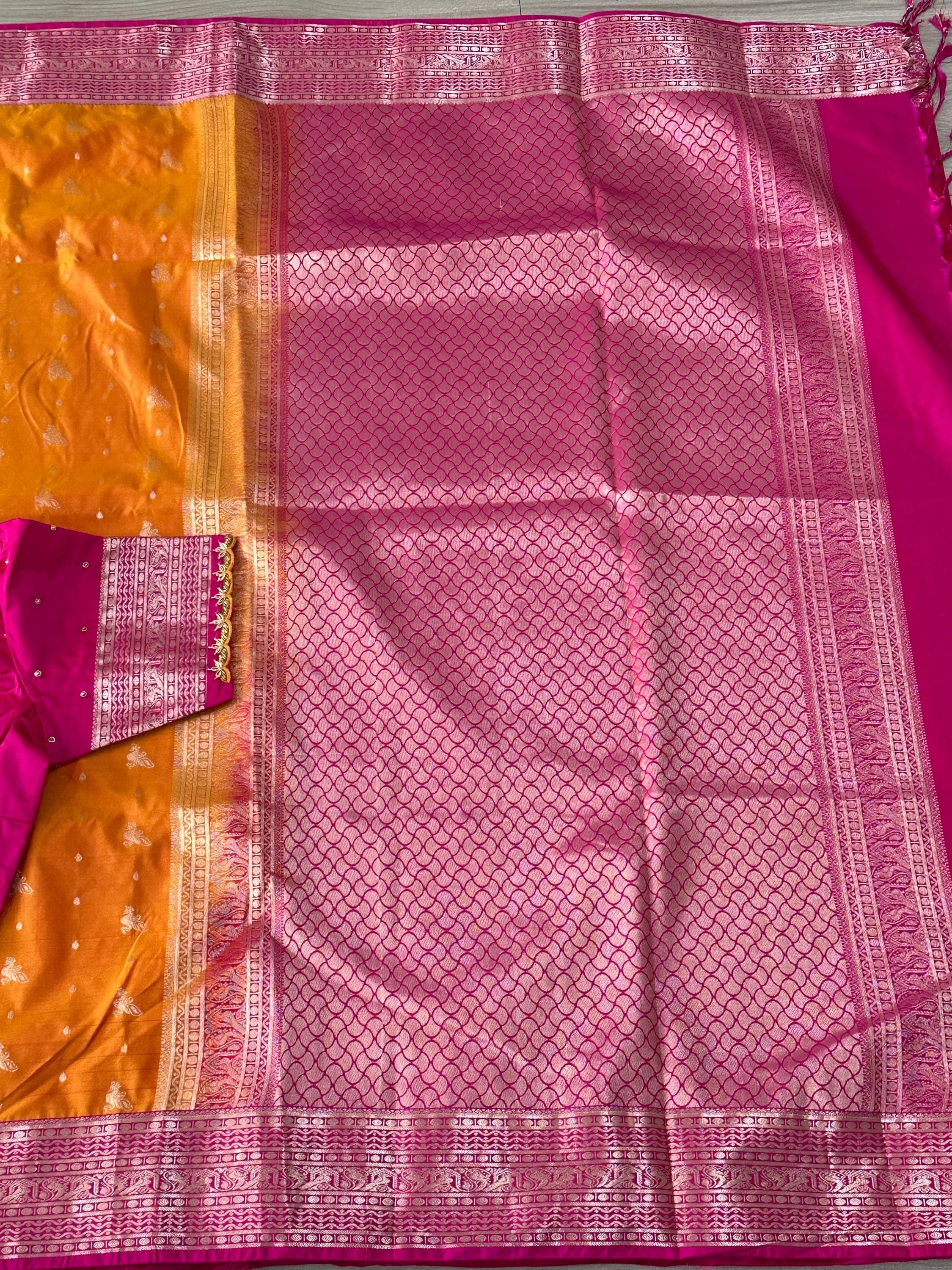 Soft Silk Semi Pattu Saree with Maggam Work Stitched Blouse | Ready to Wear Saree Set | Indian Wedding, Party, Festive Wear