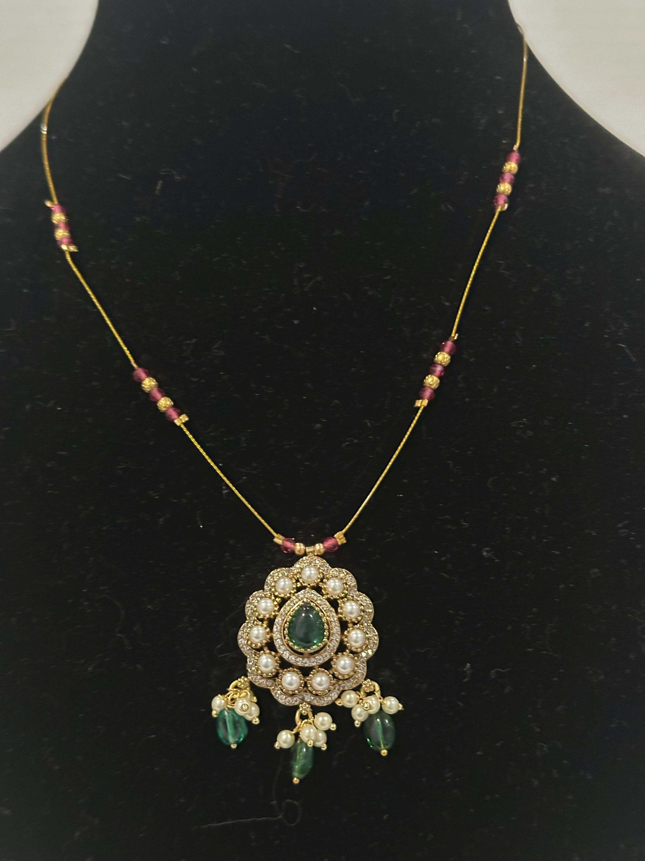 Gold Plated Emerald Pendant Necklace with Pearls and Beads