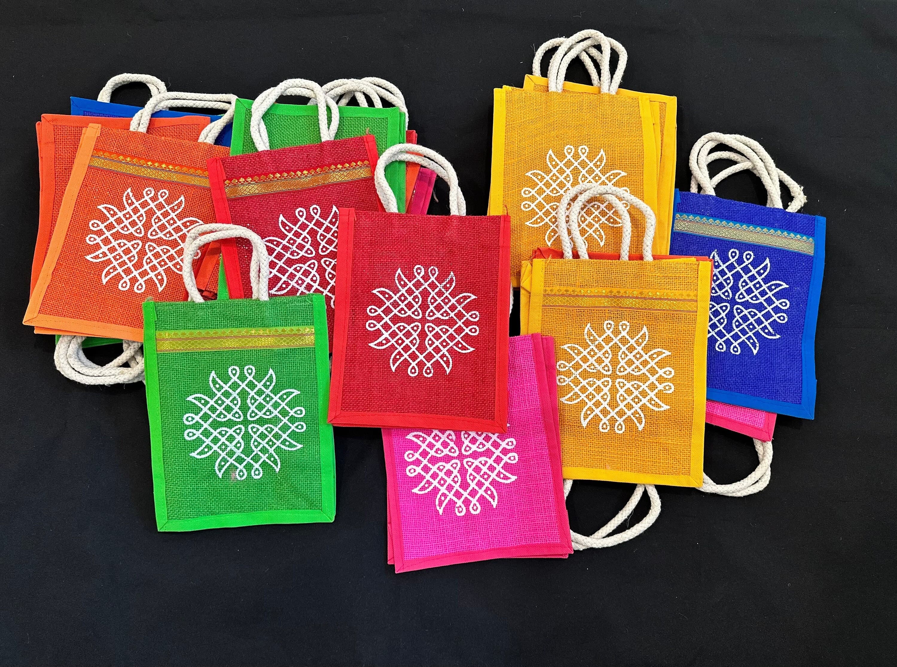 PREORDER – Pack of 10 Rangoli/Kolam Jute Tambulam Bags | Wedding Return Gift Bags | Reusable Jute Handbags