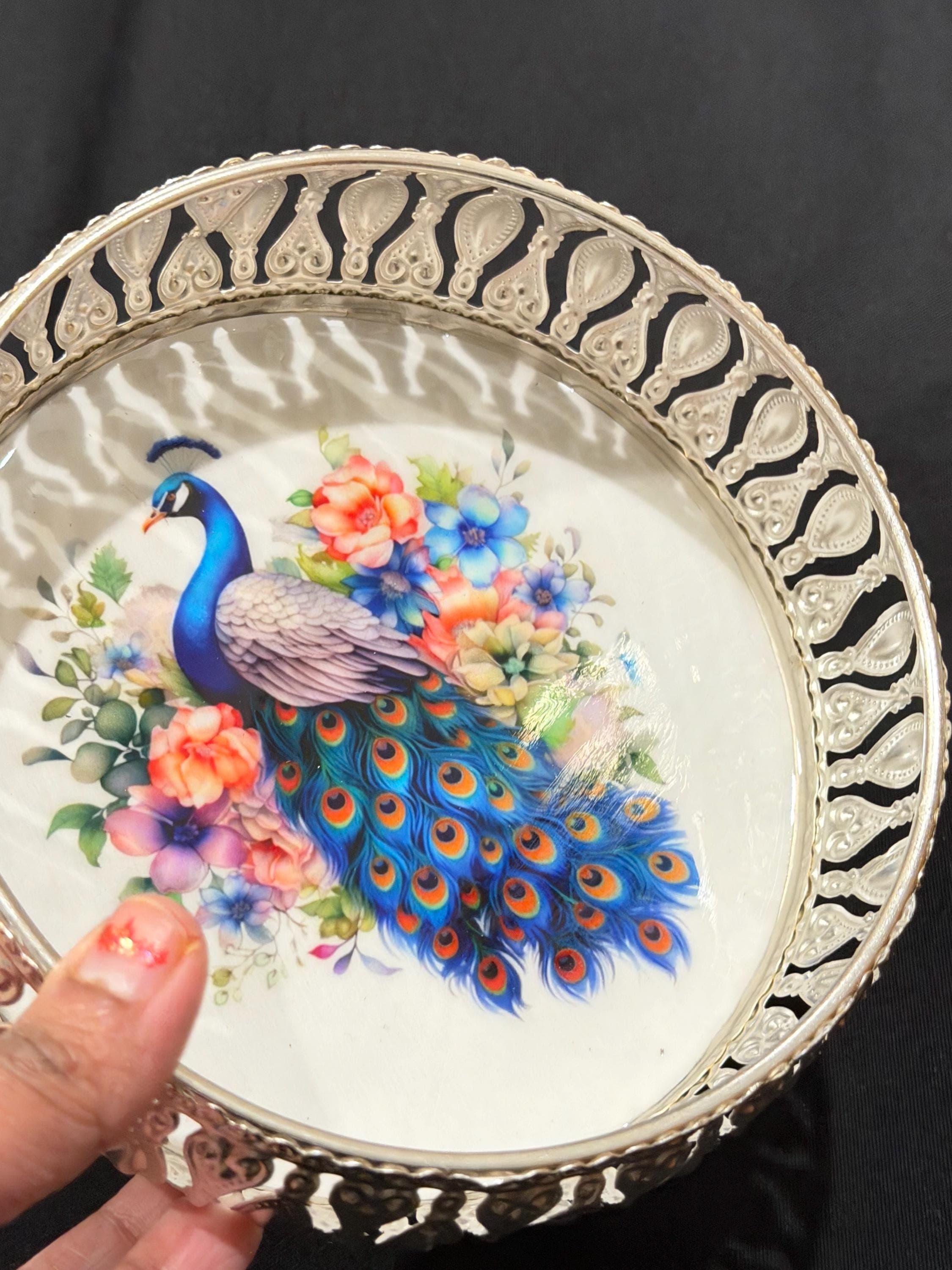 6” German Silver Pichwai Tray – Cow & Peacock Design, Indian Pooja Thali