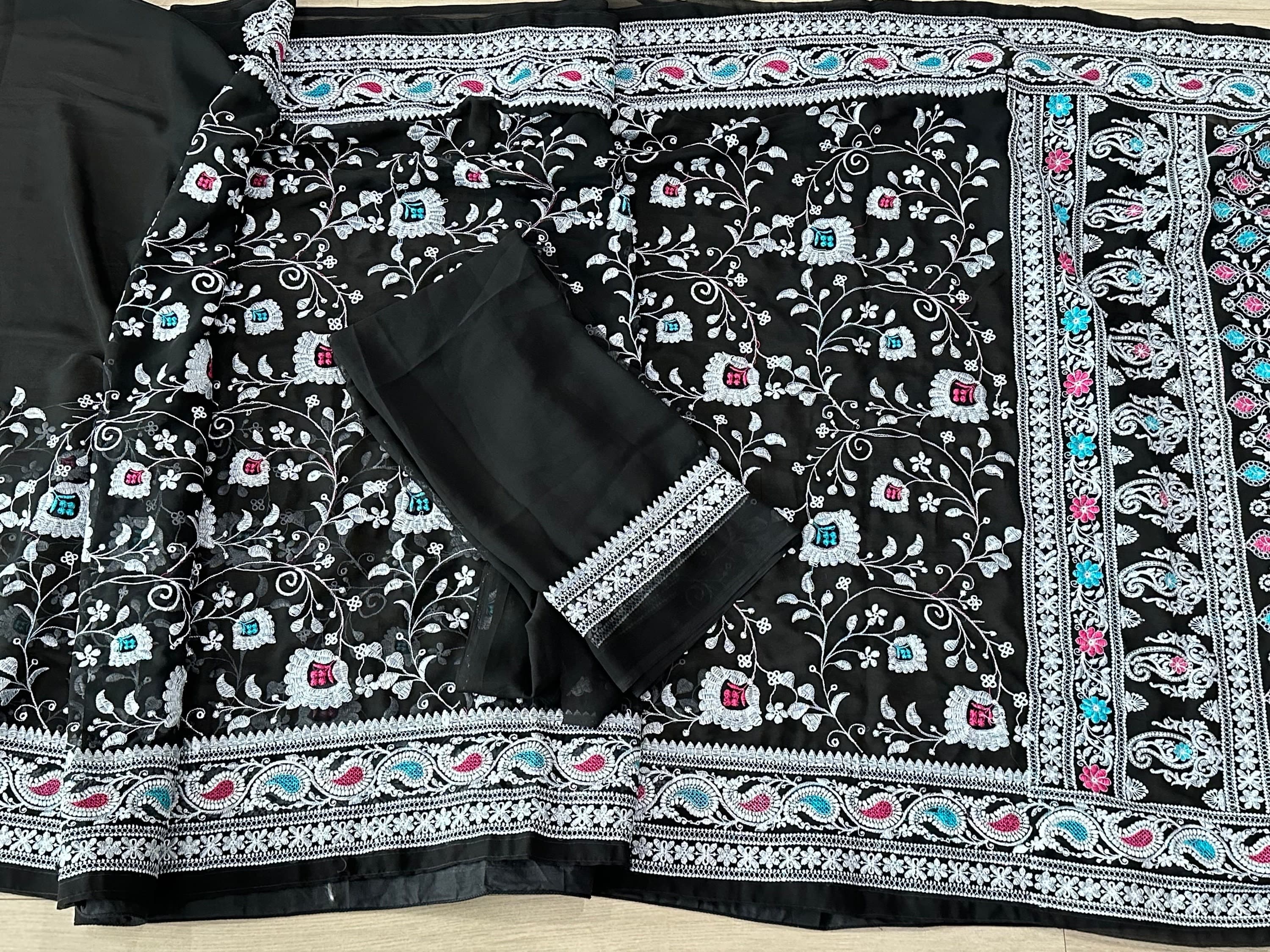Georgette Saree With Lucknowi Work With Blouse Piece