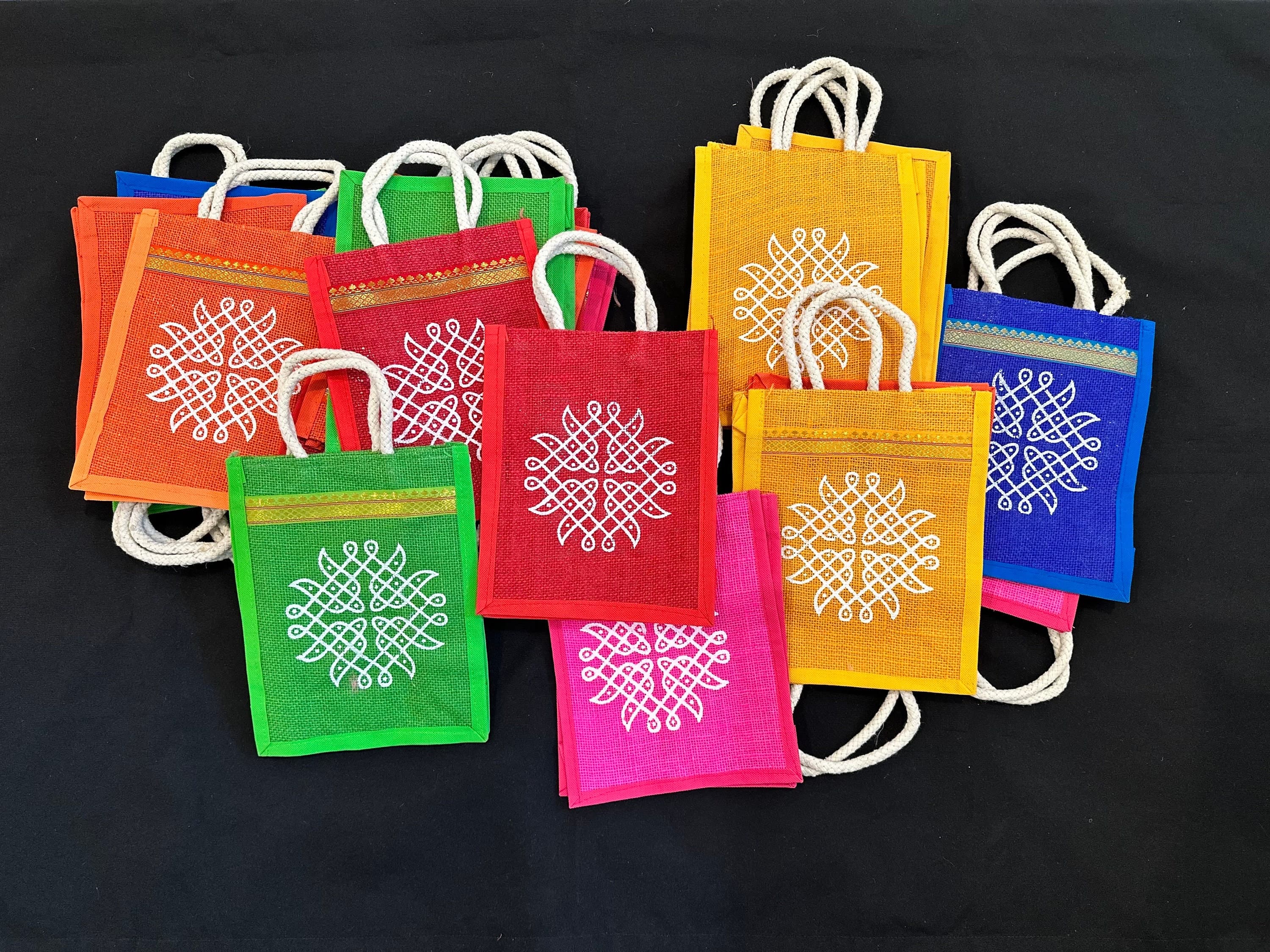 PREORDER – Pack of 10 Rangoli/Kolam Jute Tambulam Bags | Wedding Return Gift Bags | Reusable Jute Handbags