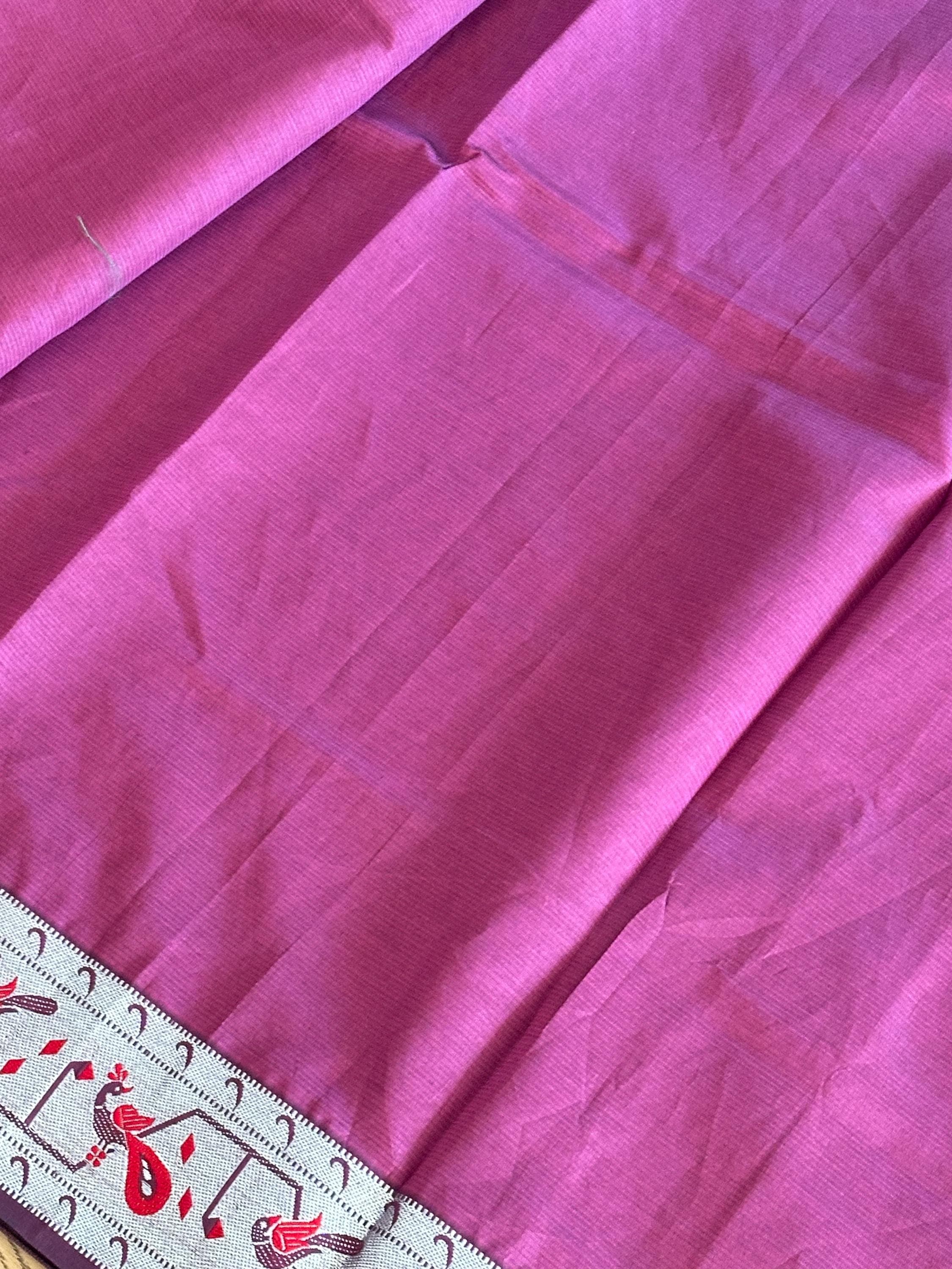 Pure Mangalagiri Handloom Silk Saree | Silver Zari Peacock Border, Blouse Piece