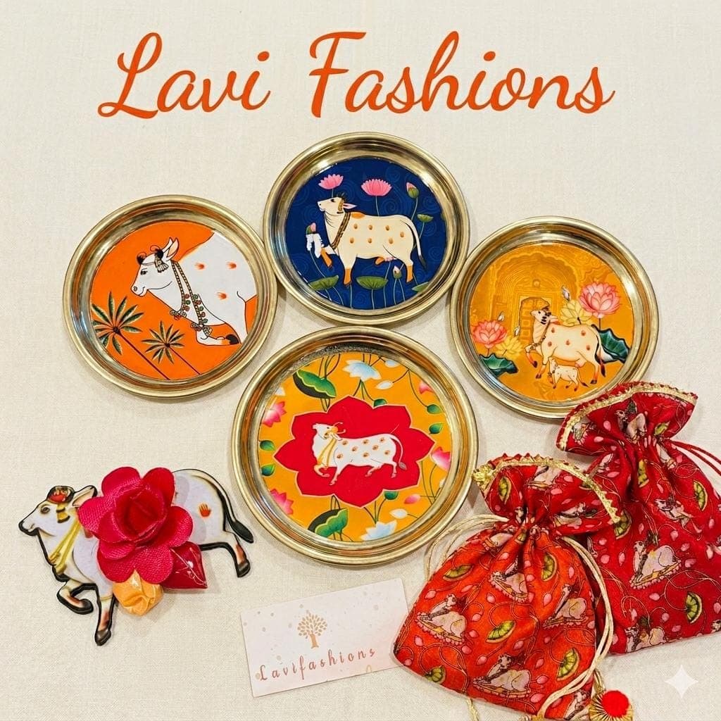 Pichwai Cow Return Gift Set USA | Brass Plate + Potli Bag + Haldi Kumkum | Indian Wedding Thamboolam Favor Bulk | Housewarming Gift