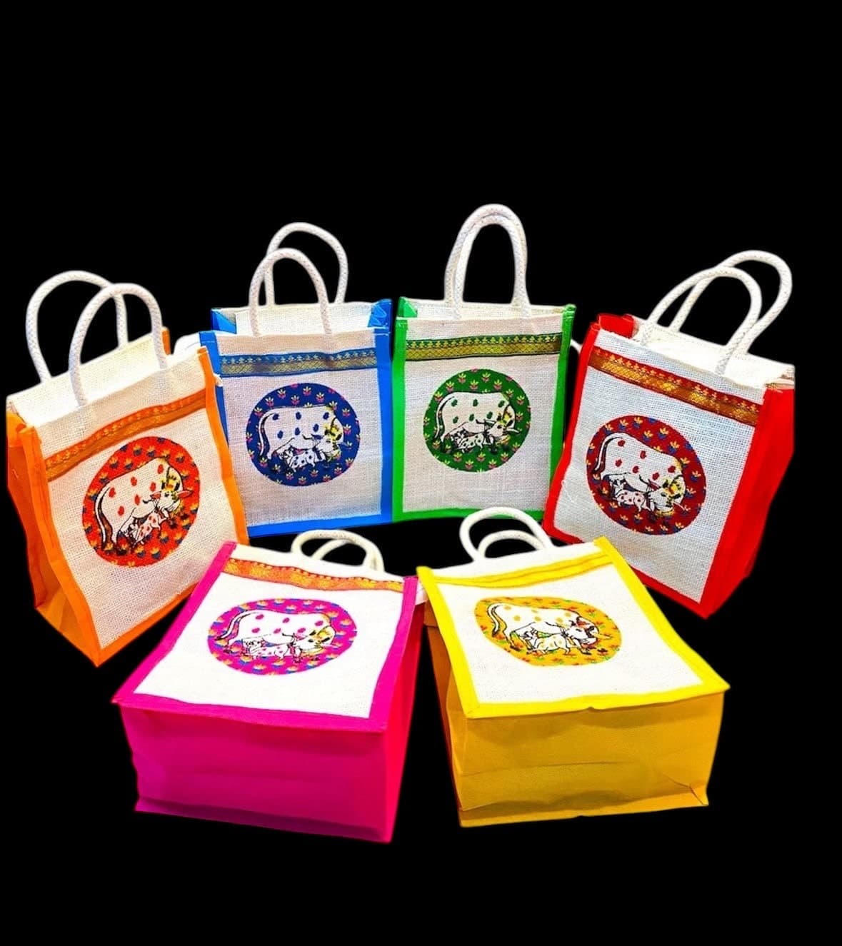 PREORDER: Pichwai Cow Design Jute Thamboolam Bag Pack Of 10 | Perfect for Weddings,Housewarming, Handbags Gift Bags