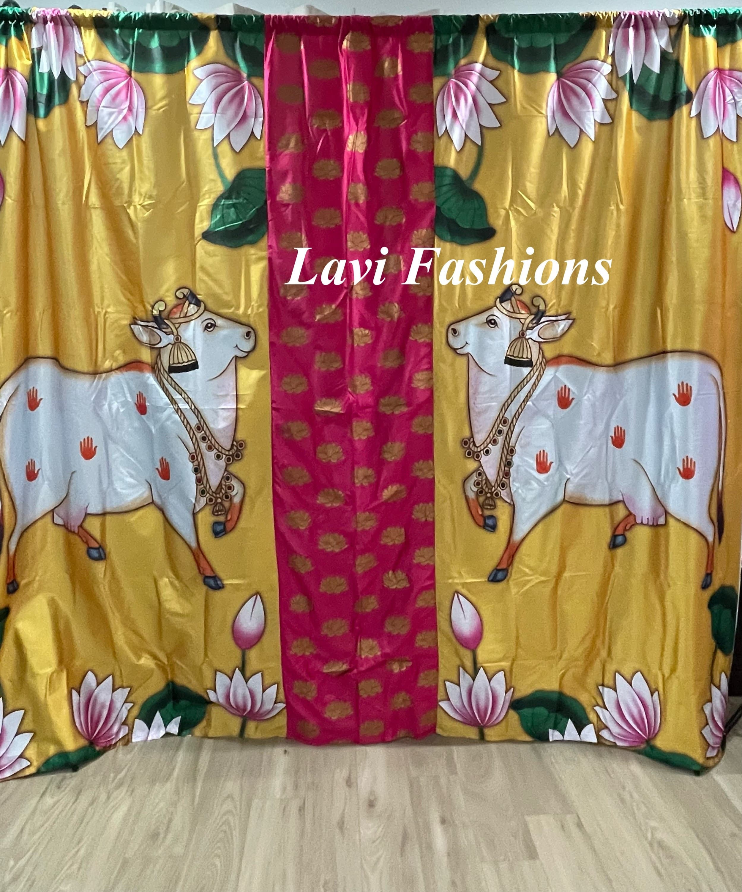 Ethnic Cow Lotus Design Back Drop Cloth – Crushed Satin Wedding Event Decor