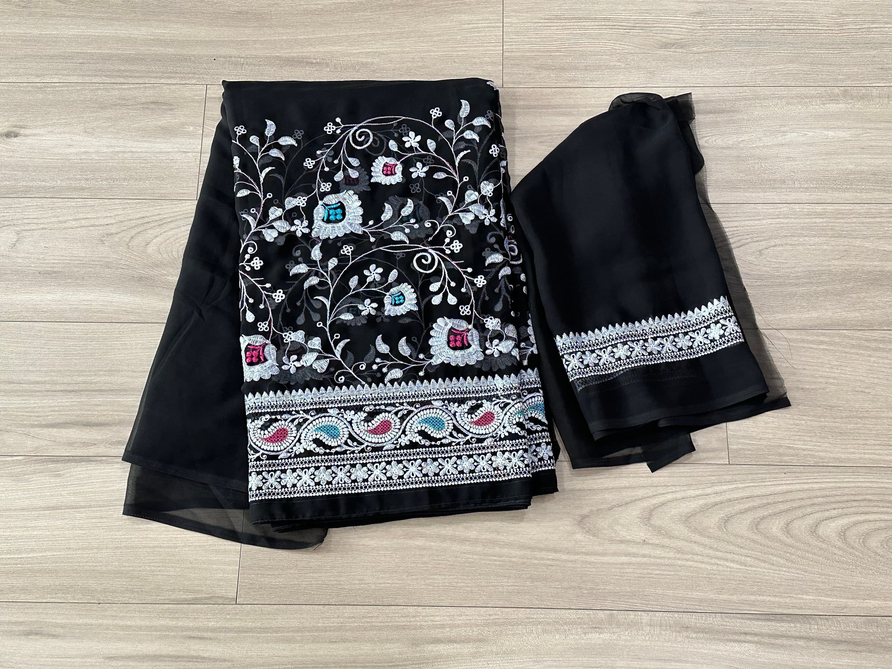 Georgette Saree With Lucknowi Work With Blouse Piece