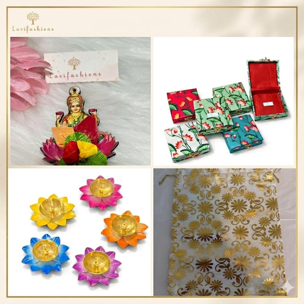 South Indian Thamboolam Return Gift Set USA | Lakshmi Haldi Kumkum + Lotus Jewelry Box + Brass Diya + String Bag | Indian Wedding Favor Bulk