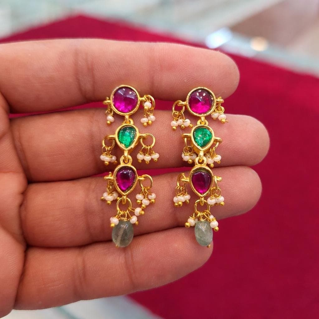 Pink Green Kundan Jadau Earrings | Indian Bridal Pearl Jewelry