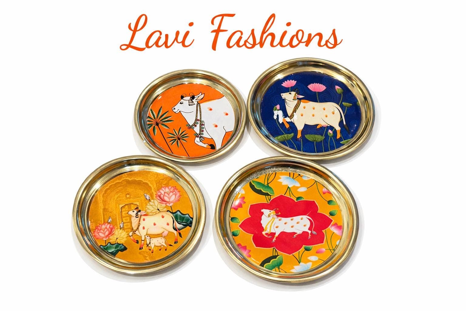 Pichwai Cow Return Gift Set USA | Brass Plate + Potli Bag + Haldi Kumkum | Indian Wedding Thamboolam Favor Bulk | Housewarming Gift