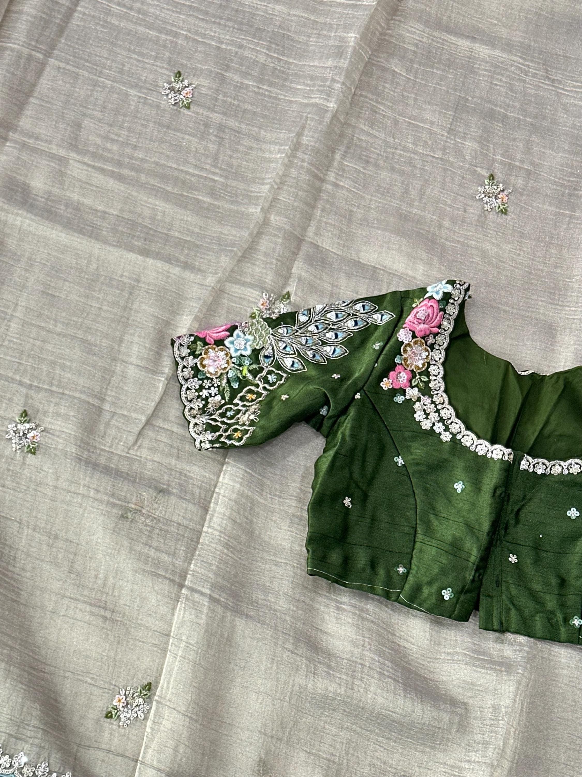 Tissue Saree with Coding Work Motifs and Scalloped Border | Party Wear Saree