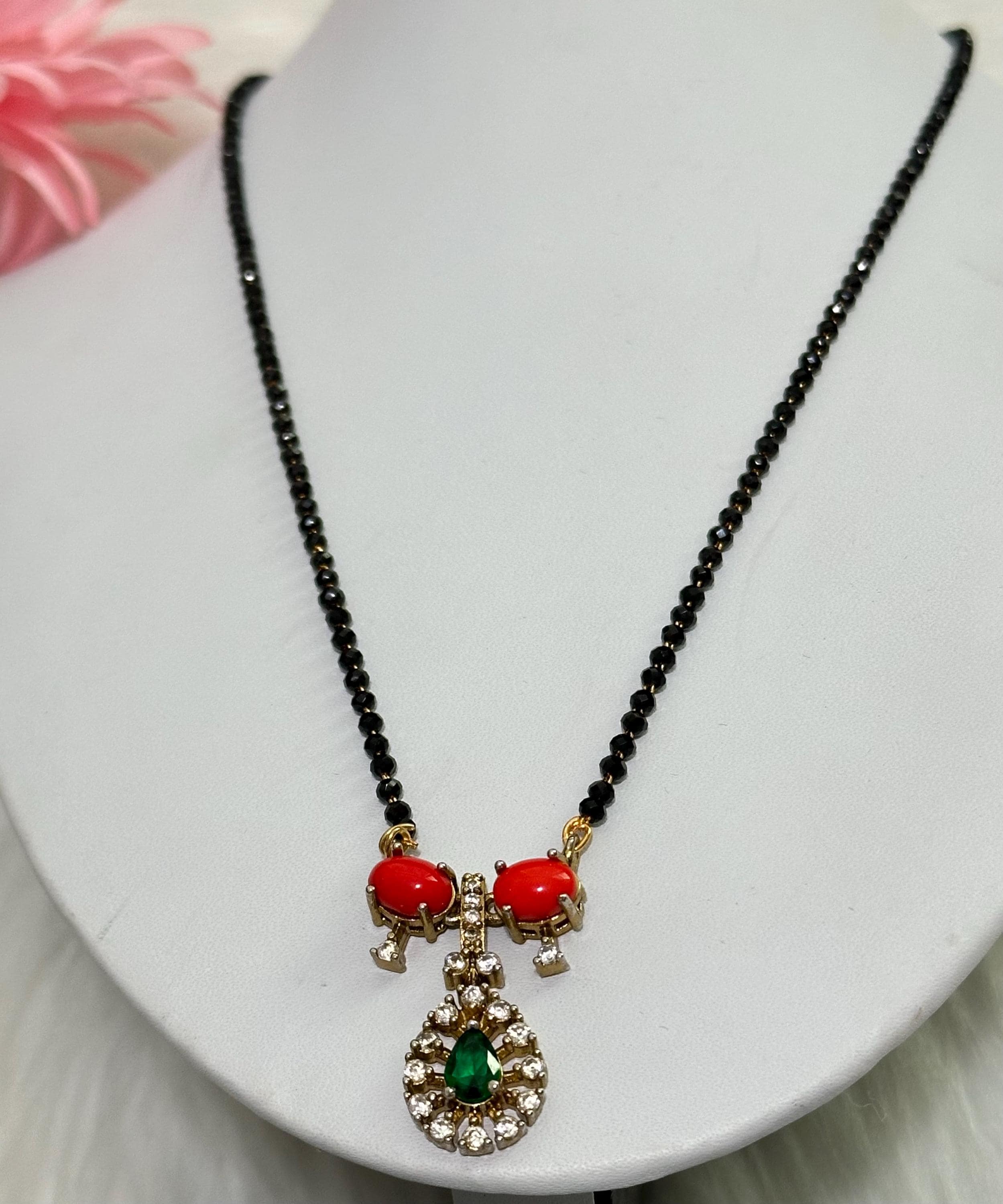 Black Bead Mangalsutra with Coral and Green Stones | Traditional Hindu Necklace