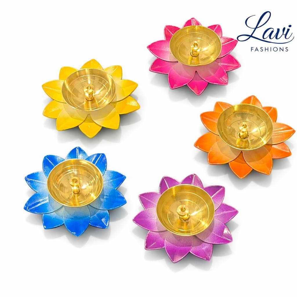 Colorful Brass Lotus Diyas – Indian Pooja Decor, Return Favor (Pack of 5)