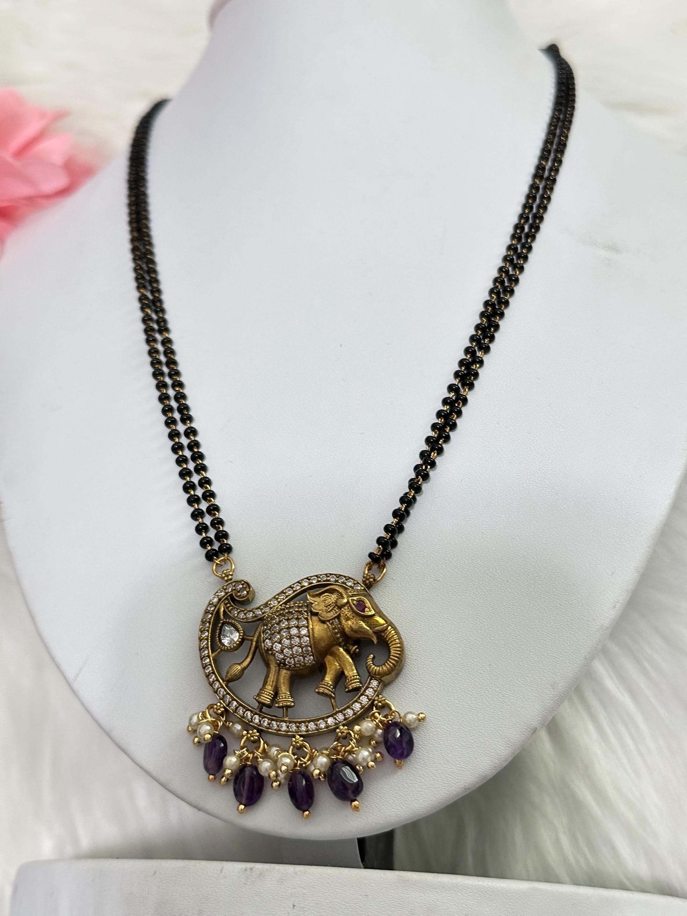 Elephant Black Beads Mangalsutra | Traditional Hindu Necklace with Purple Beads