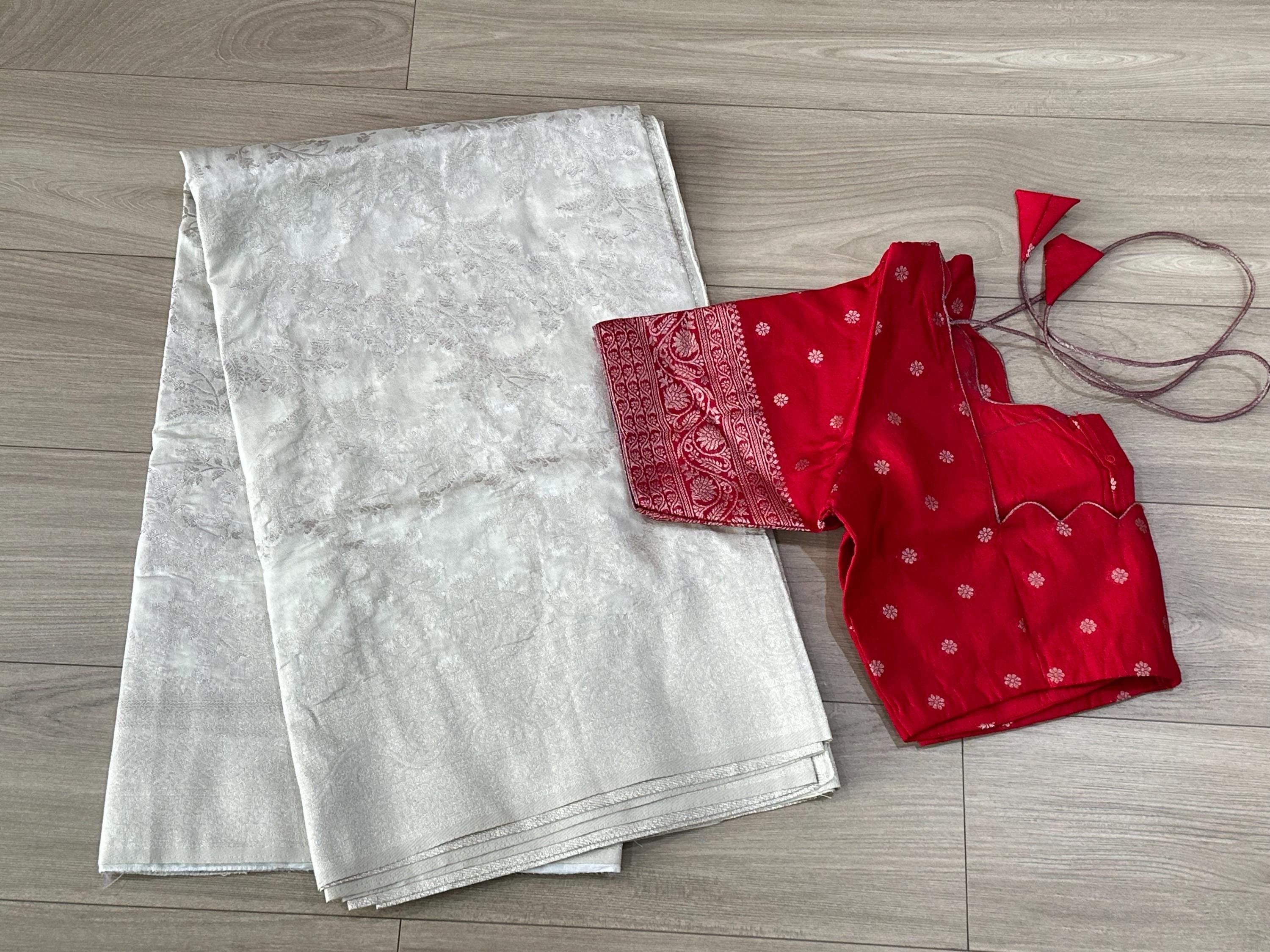 Floral Weaving Banarasi Saree | Off-White and Red, Soft Fabric