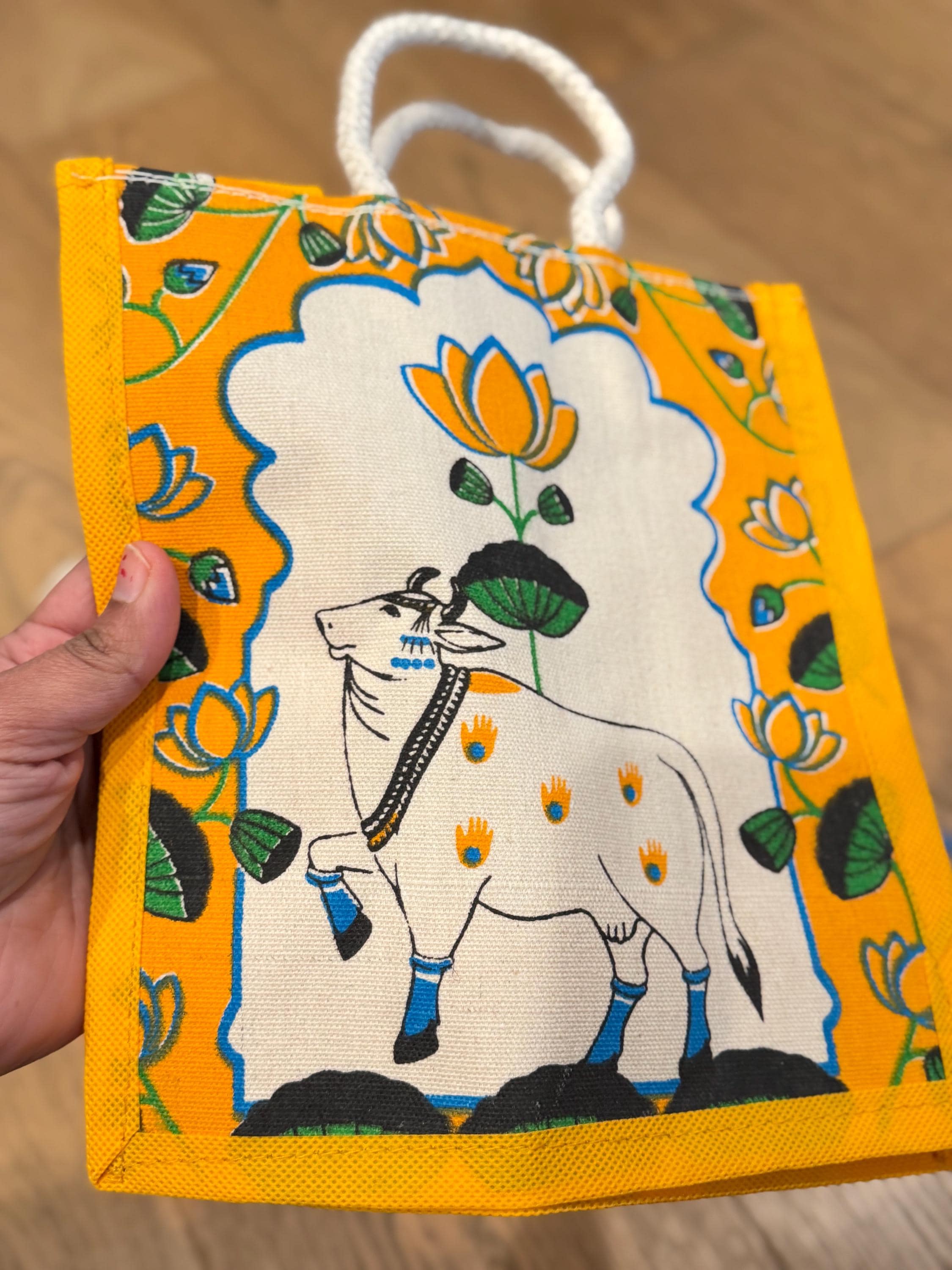 Pichwai Cow Jute Thamboolam Bag | Indian Folk Art Handbag, Gift Bag