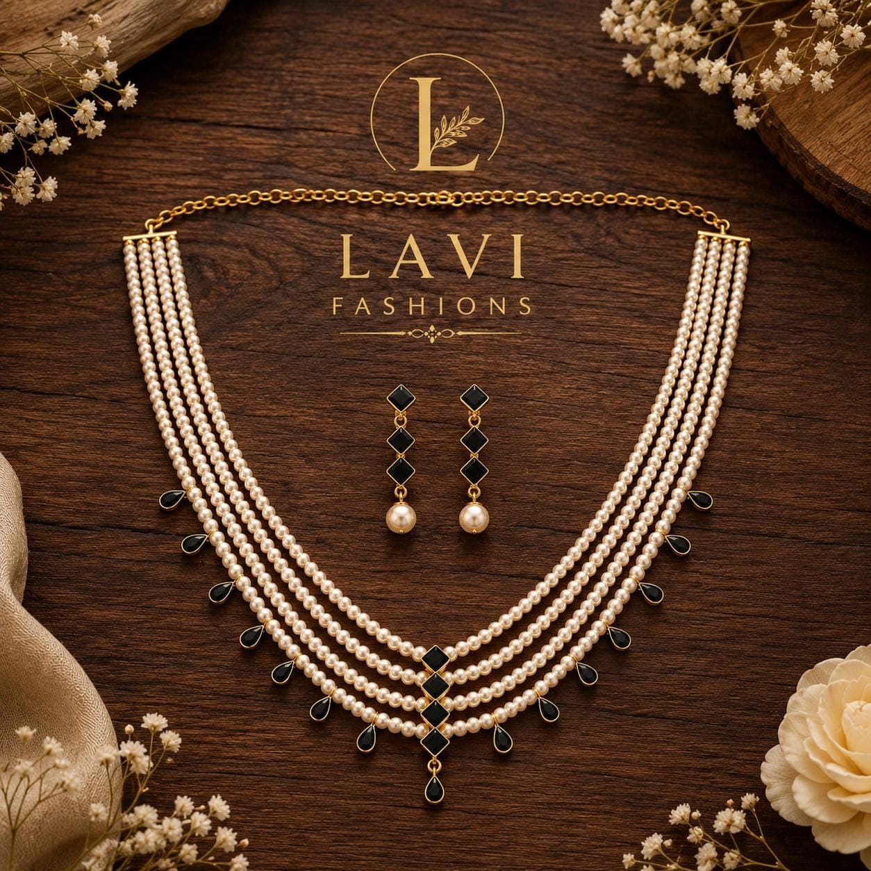 ndian Swarovski Pearl Necklace Set with Earrings USA | Black Stone Bridal Jewelry | South Indian Wedding Necklace