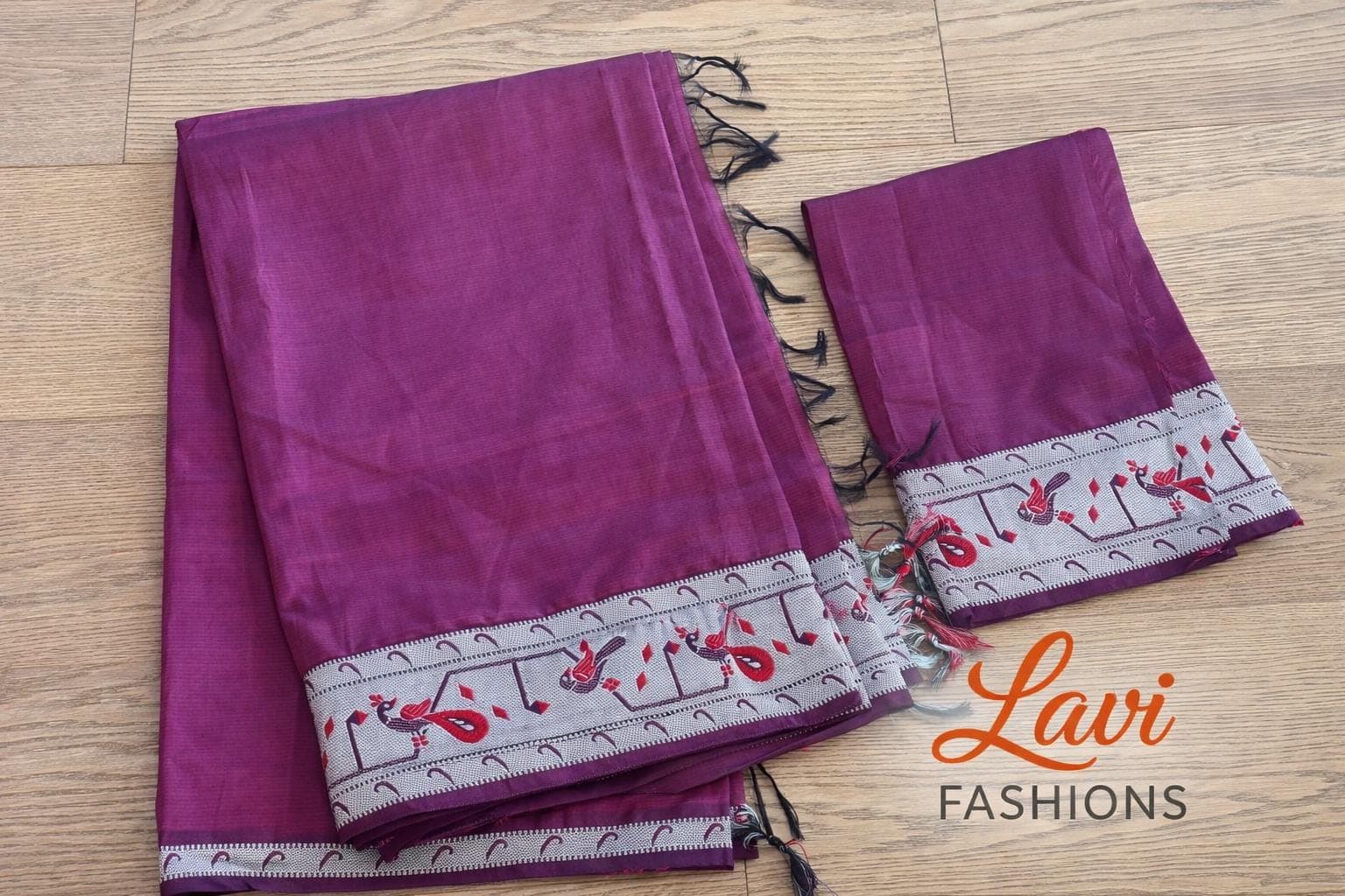 Pure Mangalagiri Handloom Silk Saree | Silver Zari Peacock Border, Blouse Piece
