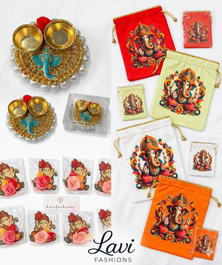 Ganesha Return Gift Combo USA | Haldi Kumkum Holder + Box + Potli Bag | Indian Wedding Favor Bulk | Ganesh Chaturthi Gift | Thamboolam