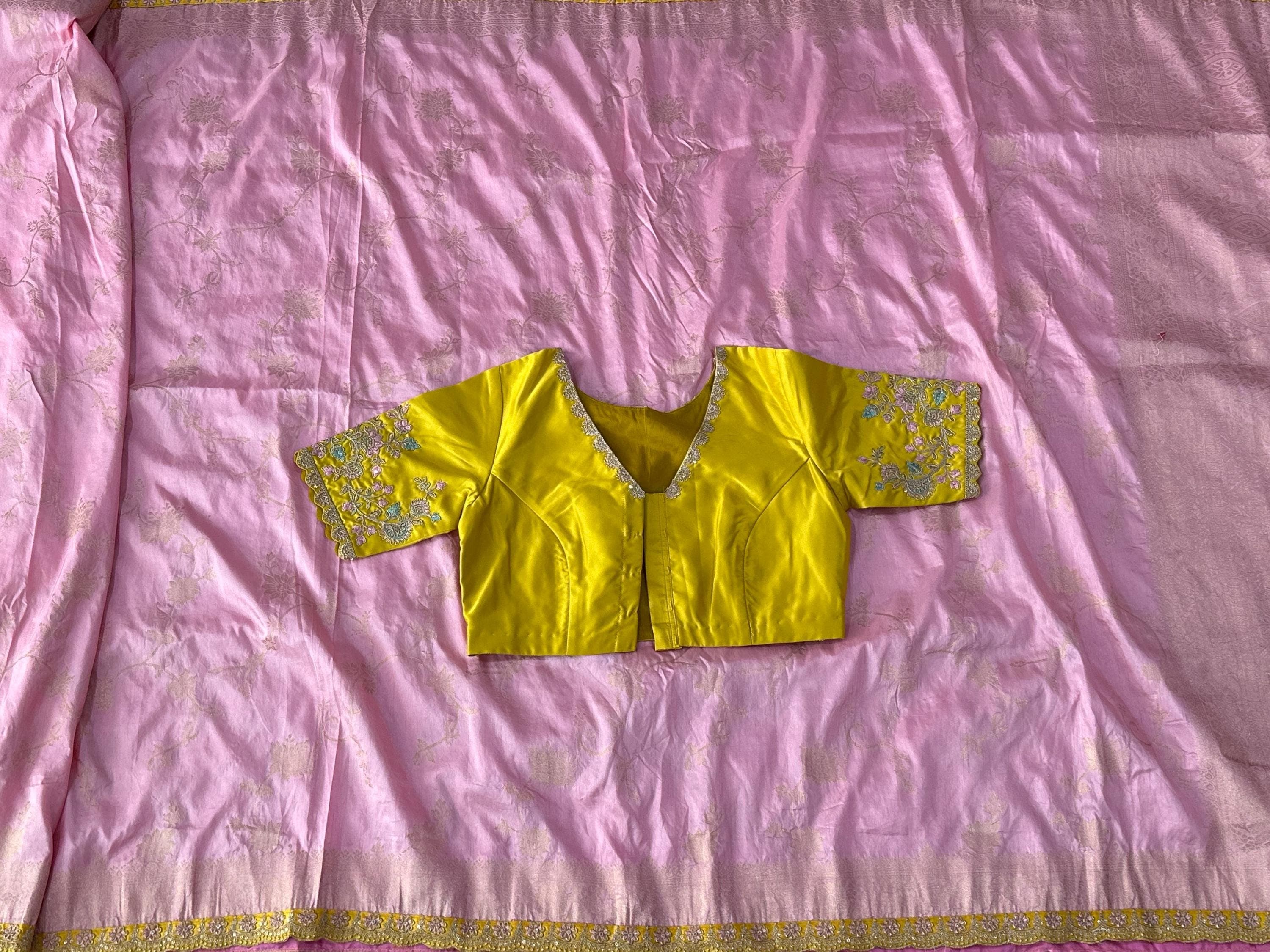 Banarasi Silk Saree with All Over Weaving | Scalloped Embroidery Border, Stitched Blouse