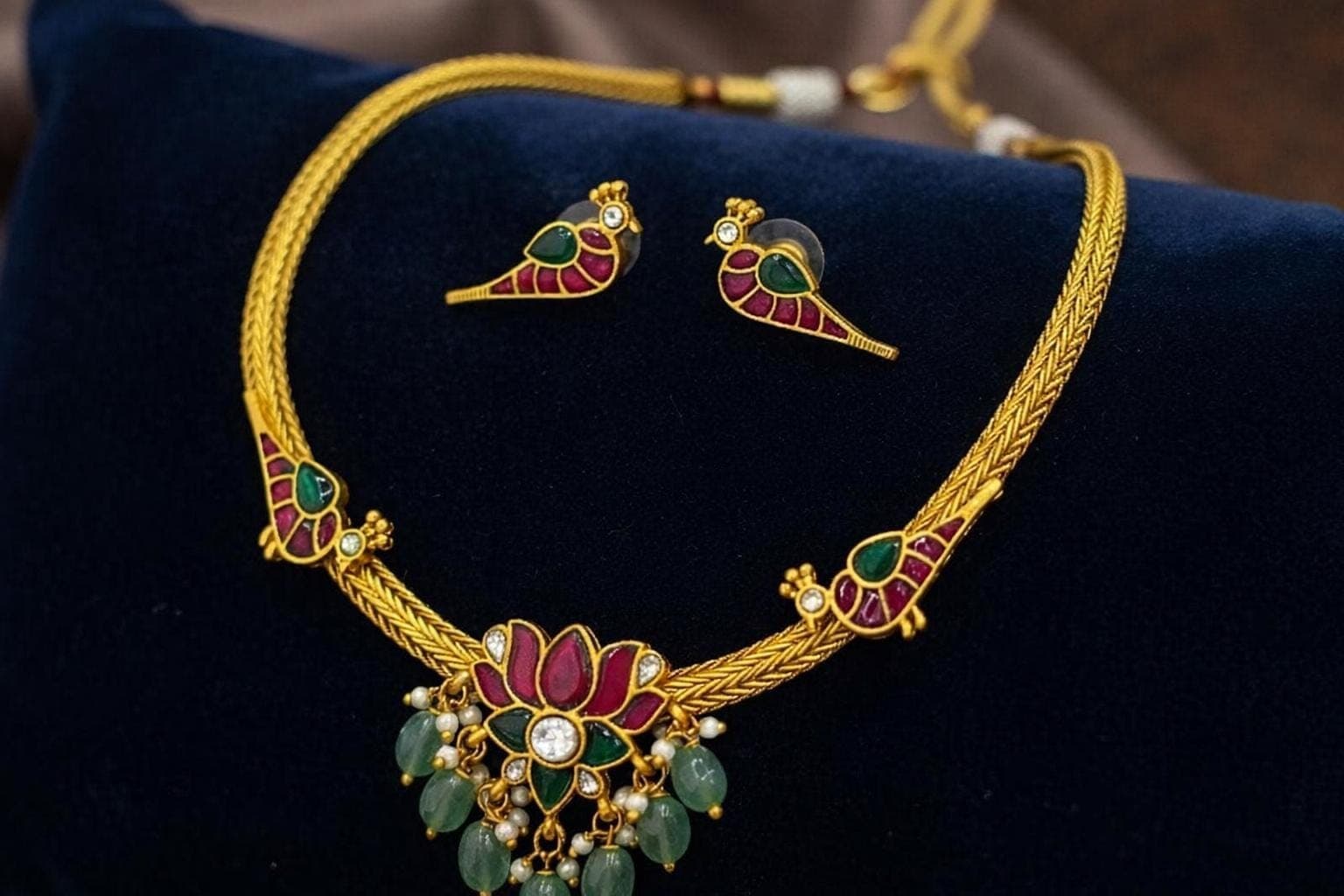 Jadau Kundan Necklace with Earrings | Peacock Design Jewelry | Indian Gold Look Jewelry Set