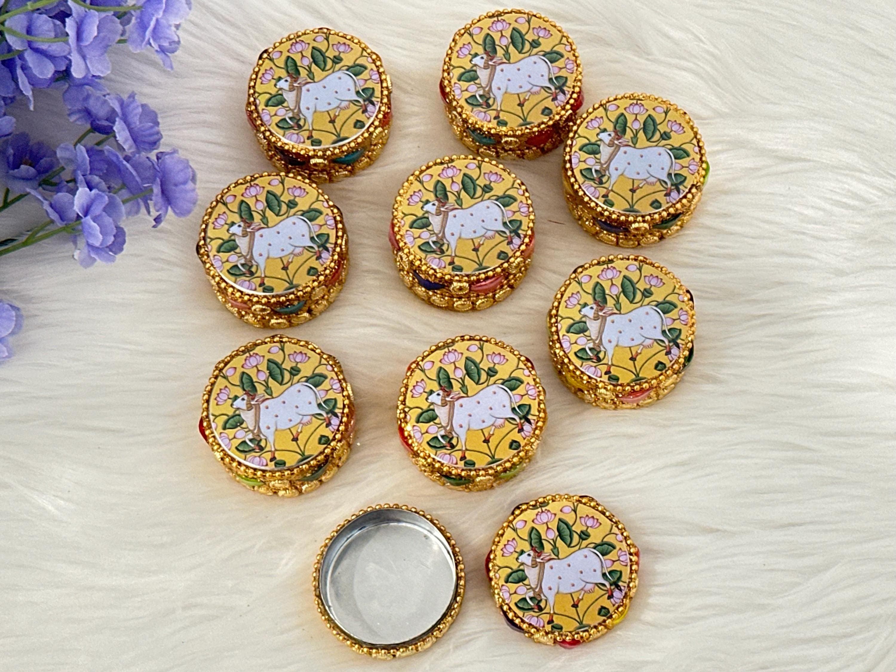 Round Pichwai Kumkum Haldi Holder Pack Of 10|  Indian Return Gift | Ethnic Thamboolam Favor | Festive Pooja Decor | Housewarming Gift Idea