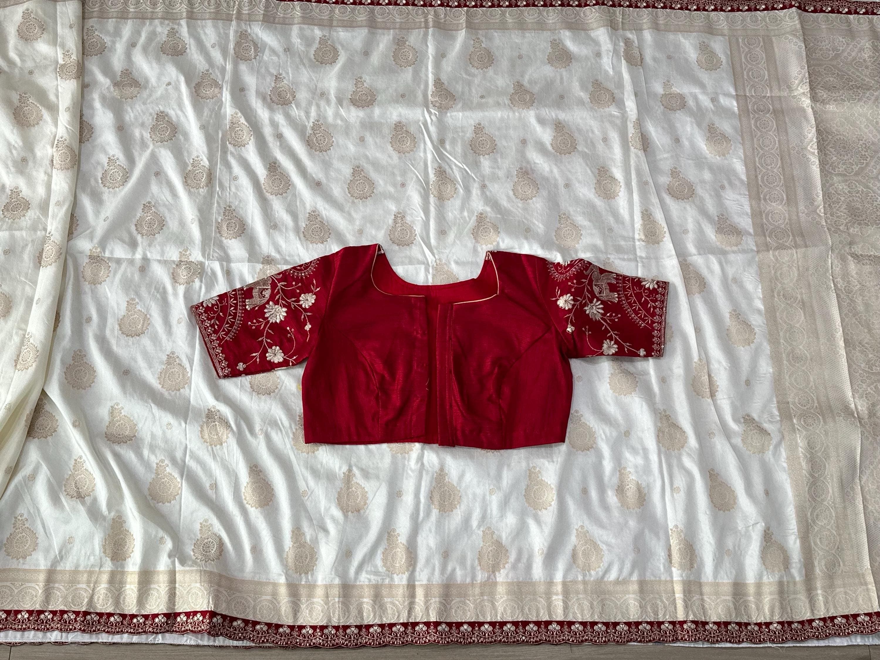 Banarasi Silk Saree with All Over Weaving | Contrast Embroidery Border, Stitched Blouse