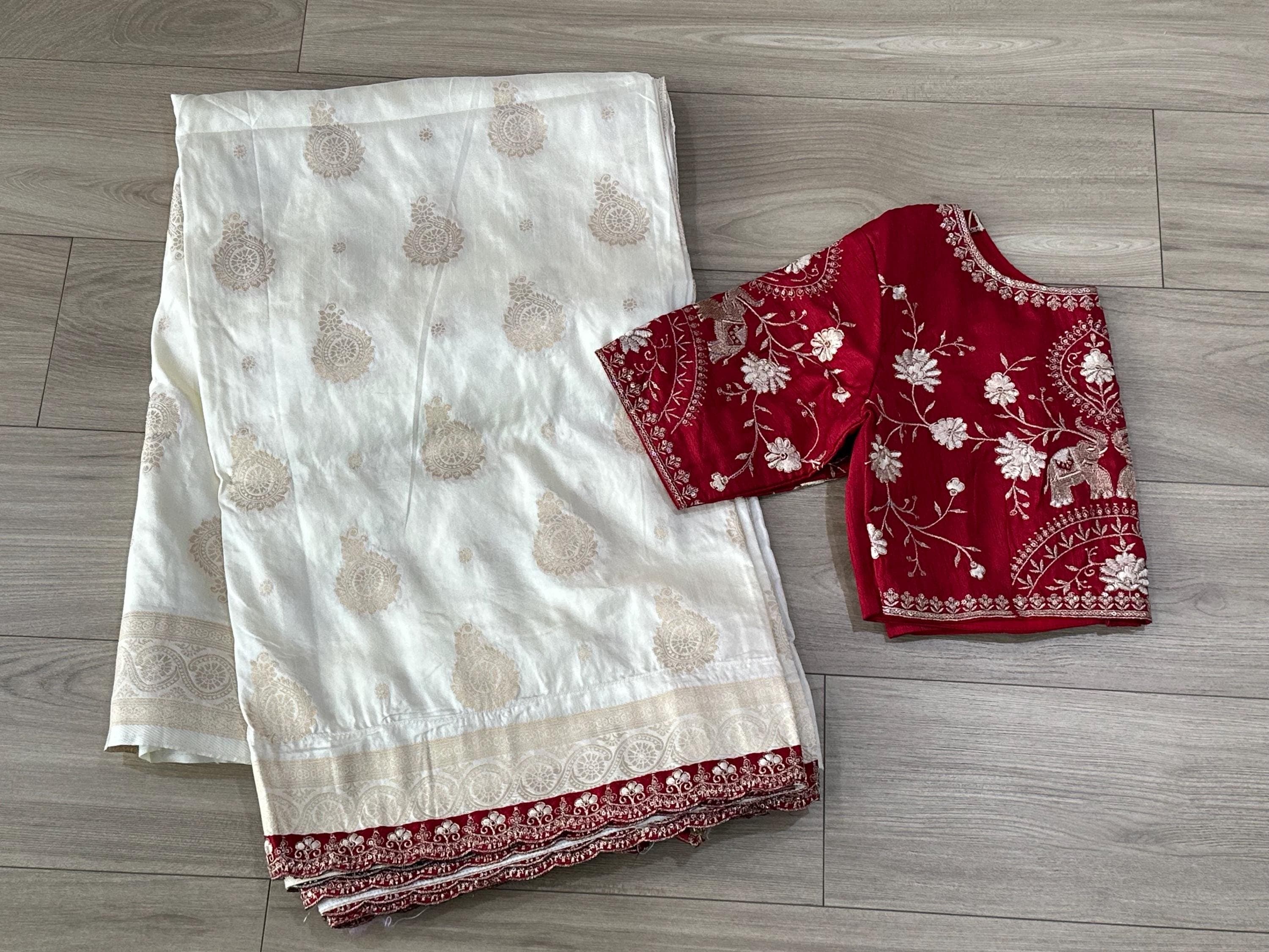 Banarasi Silk Saree with All Over Weaving | Contrast Embroidery Border, Stitched Blouse