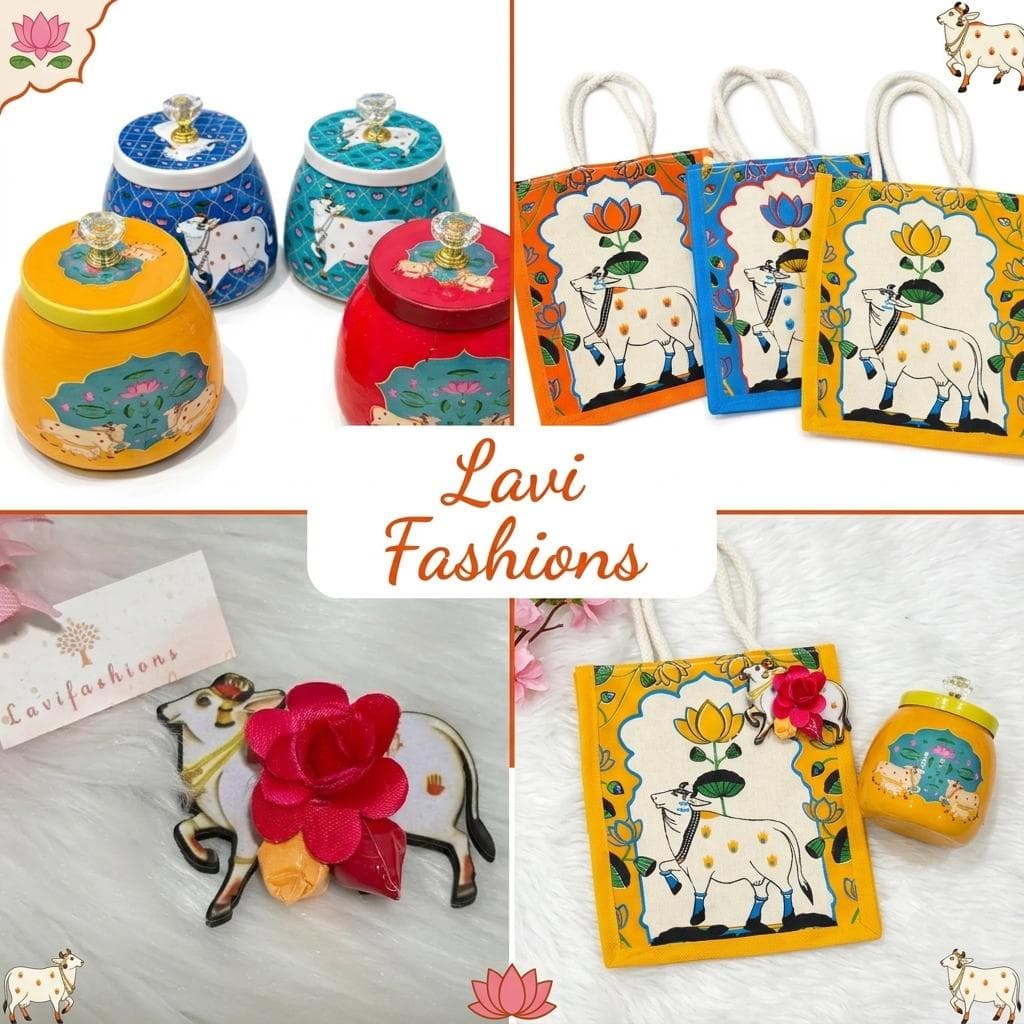 Pichwai Cow Return Gift Set USA | Cow Jar + Jute Bag + Haldi Kumkum | Indian Housewarming Favor Bulk | South Indian Wedding Thamboolam Gift